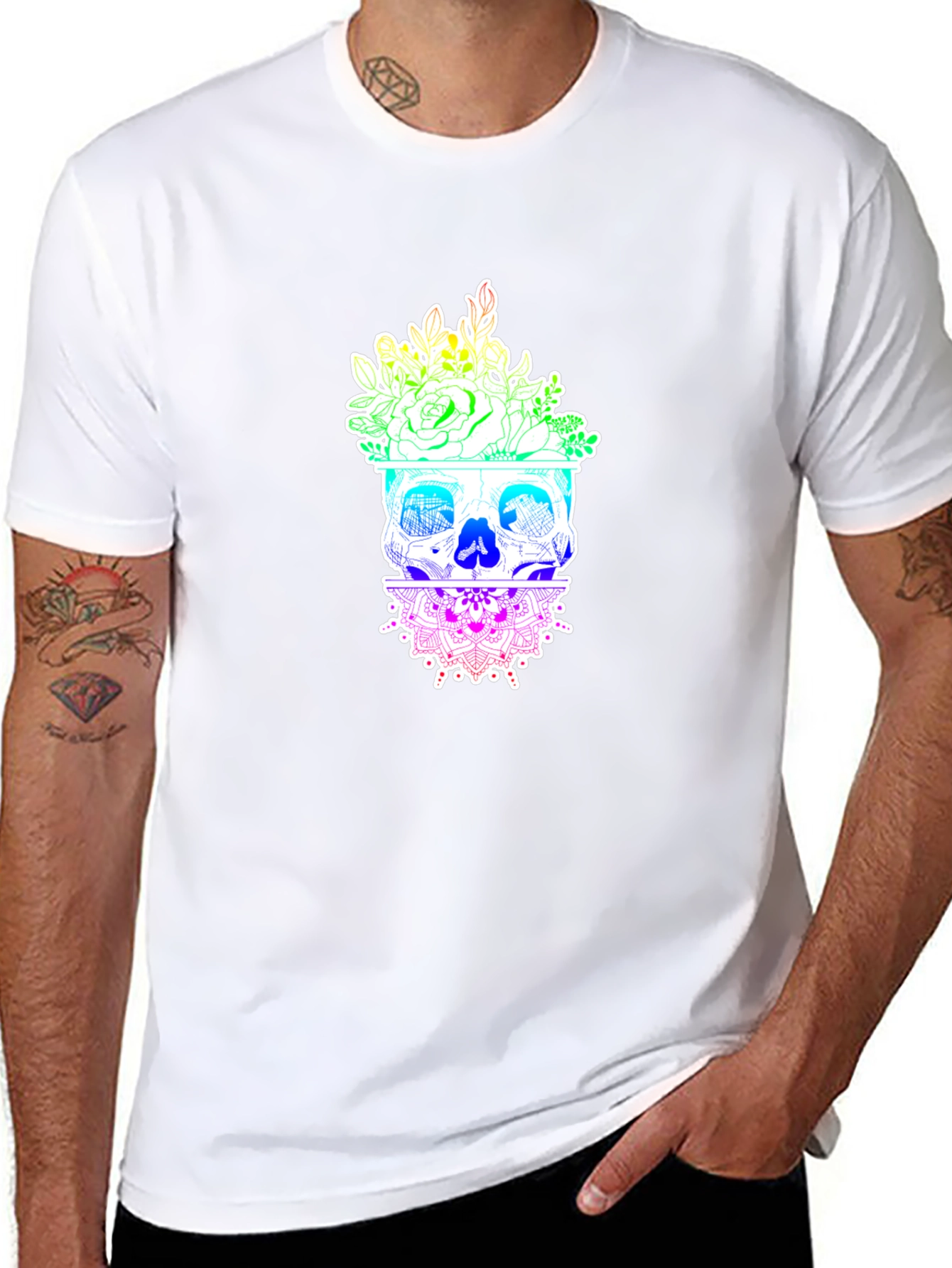 Floral Skull Graphic T-Shirt - Rainbow Design