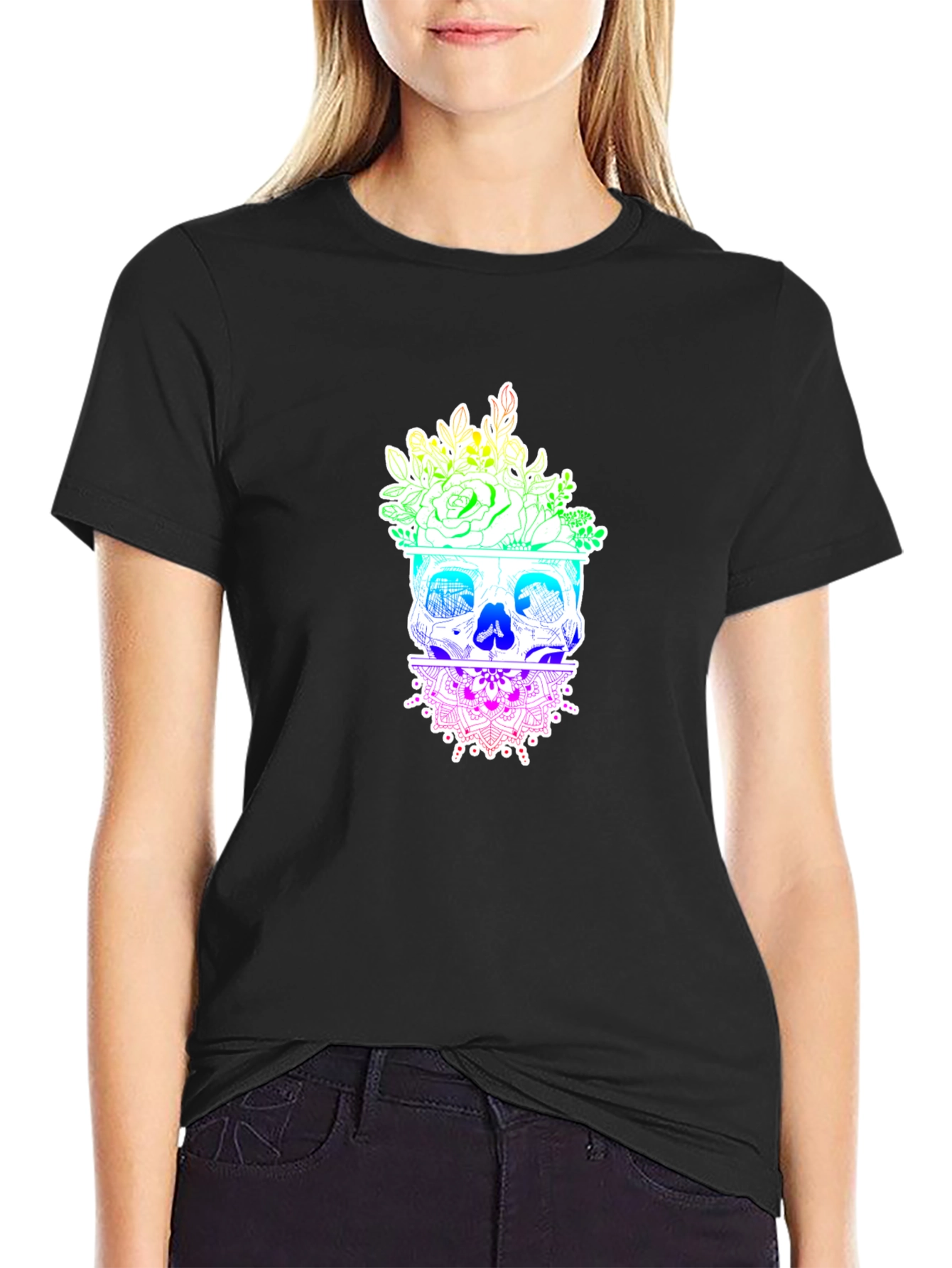 Floral Skull Graphic T-Shirt - Rainbow Design