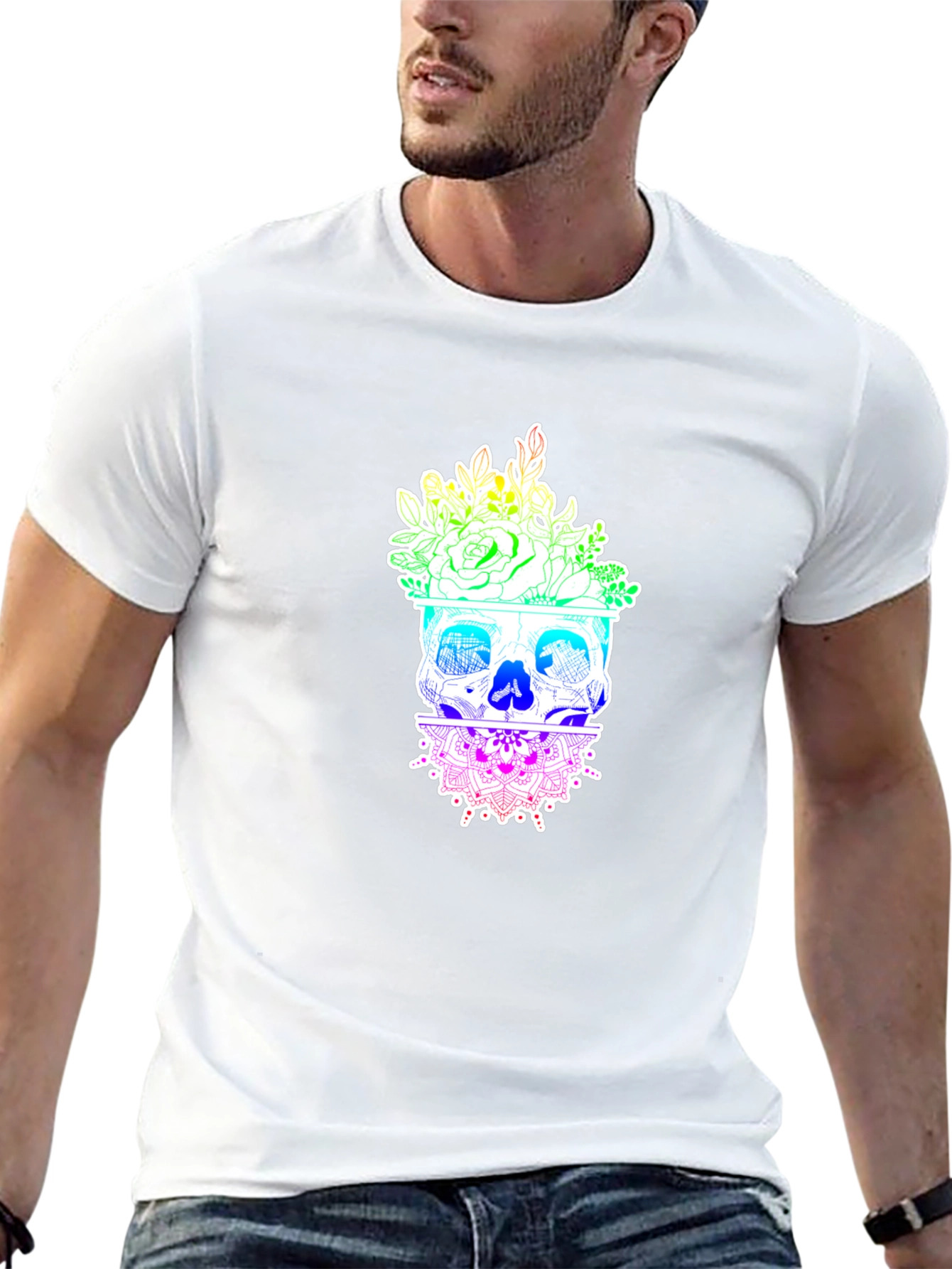 Floral Skull Graphic T-Shirt - Rainbow Design