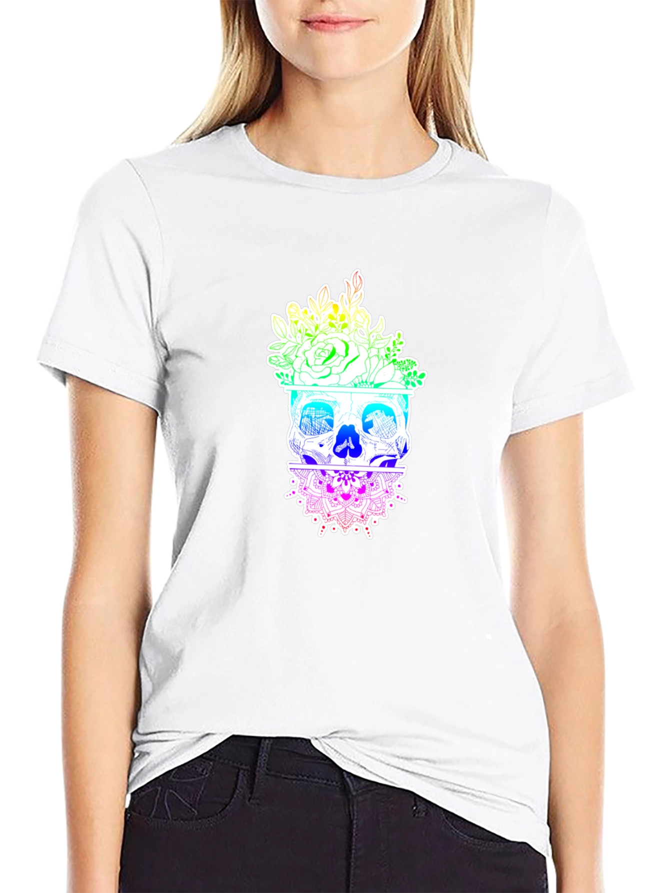 Floral Skull Graphic T-Shirt - Rainbow Design