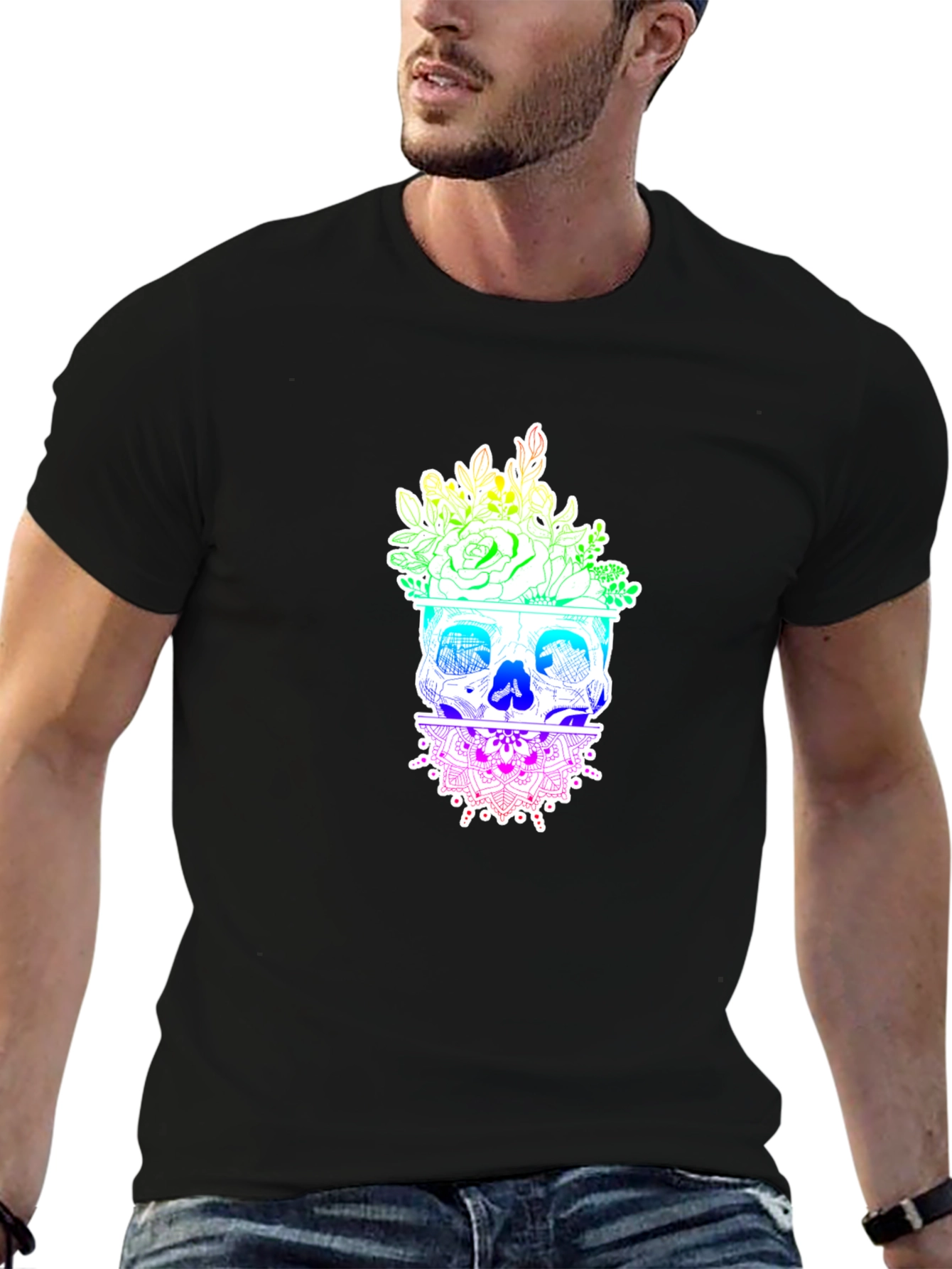 Floral Skull Graphic T-Shirt - Rainbow Design
