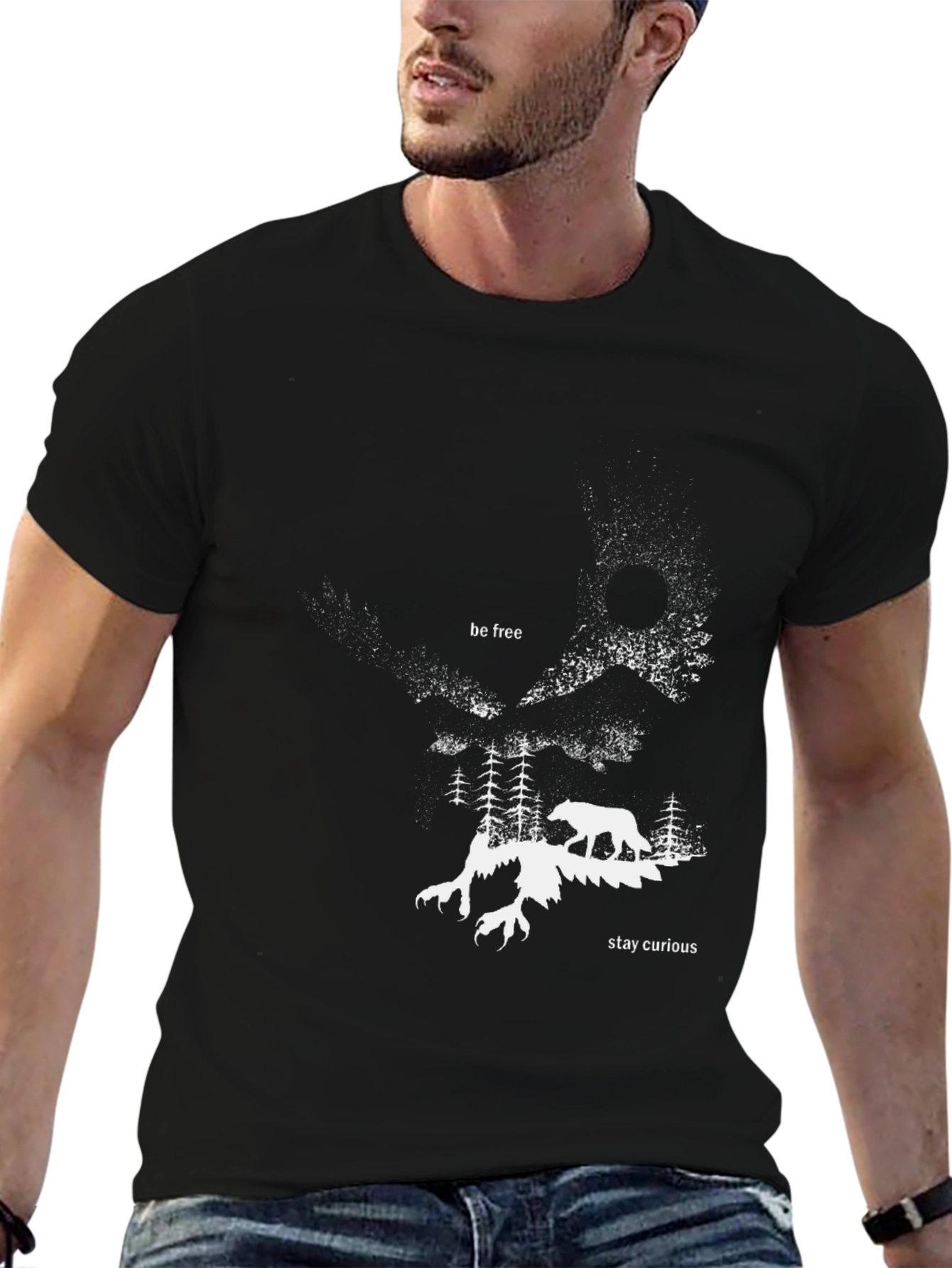 Abstract Forest Wolf Graphic Tee - Black