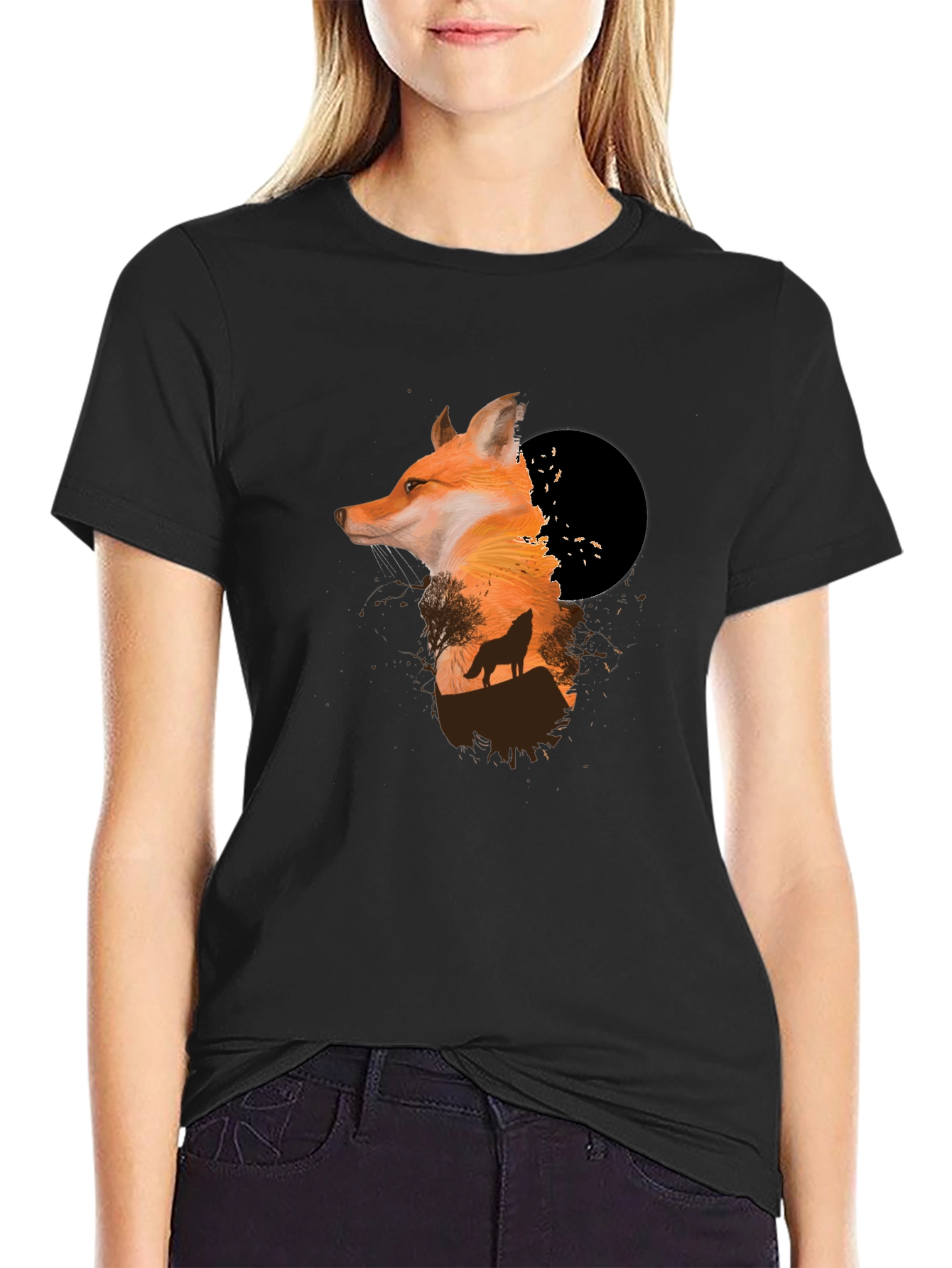 Fox & Wolf Graphic Black T-Shirt - Unique Design