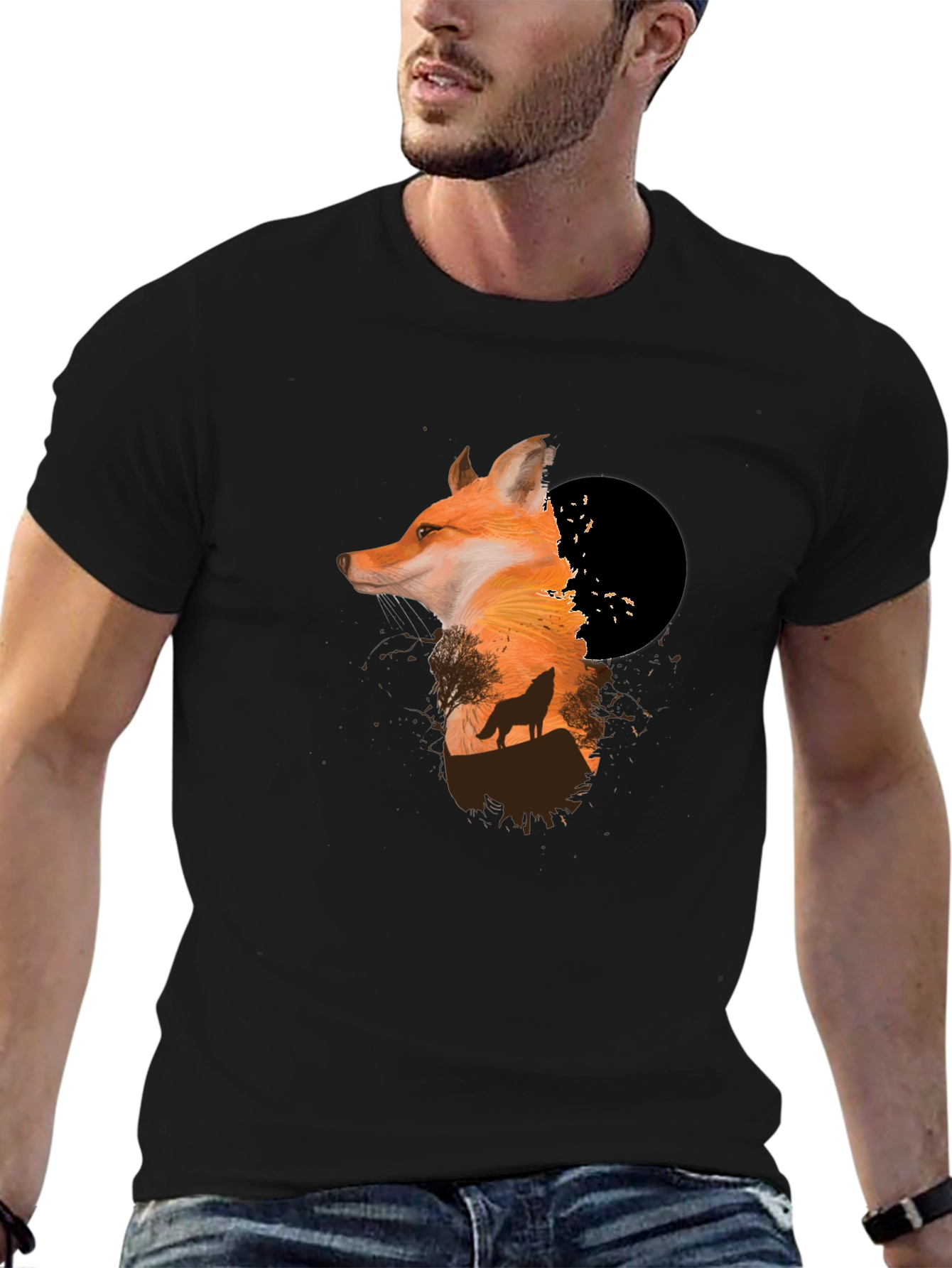 Fox & Wolf Graphic Black T-Shirt - Unique Design
