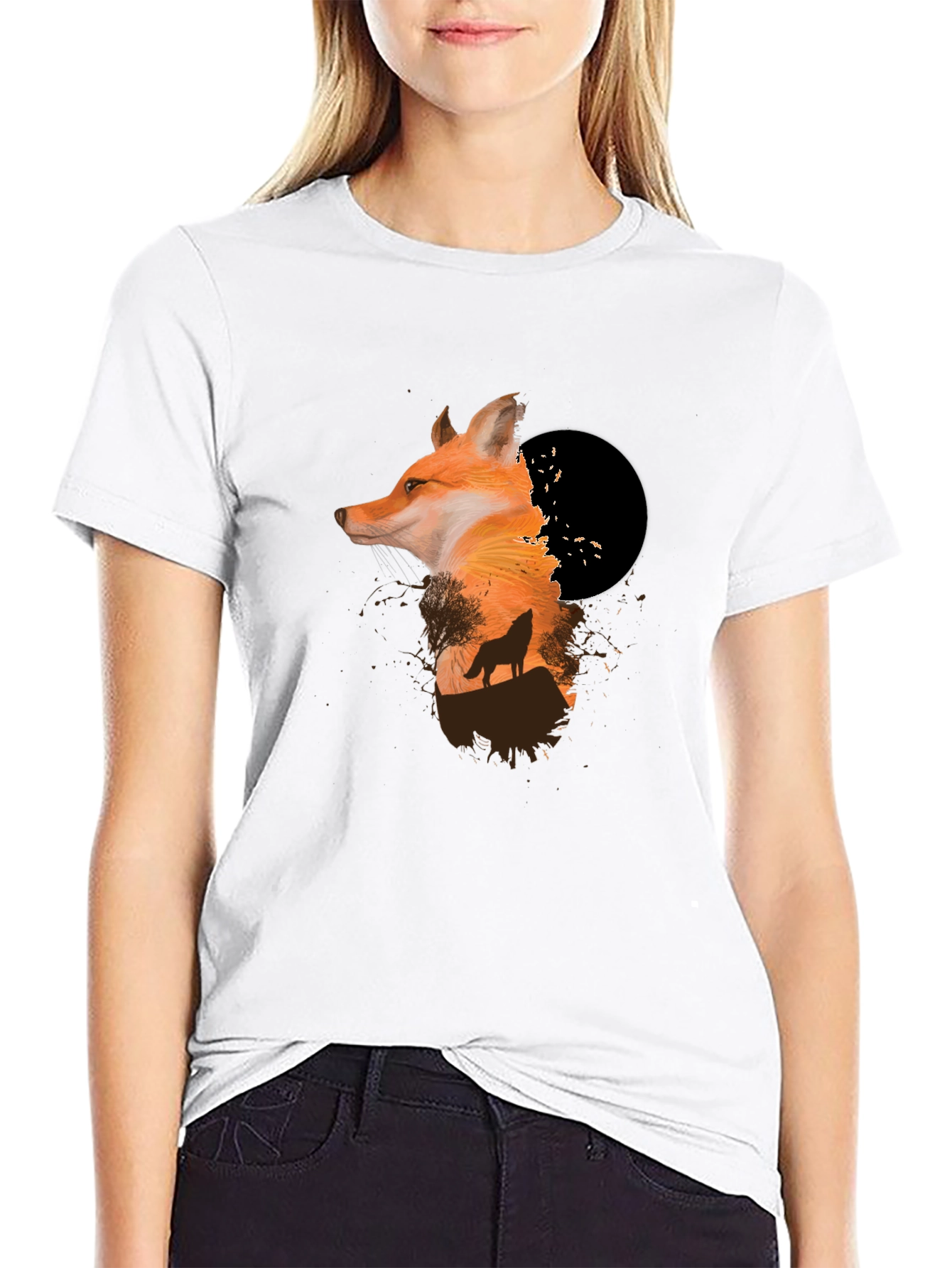 Fox & Wolf Graphic Black T-Shirt - Unique Design