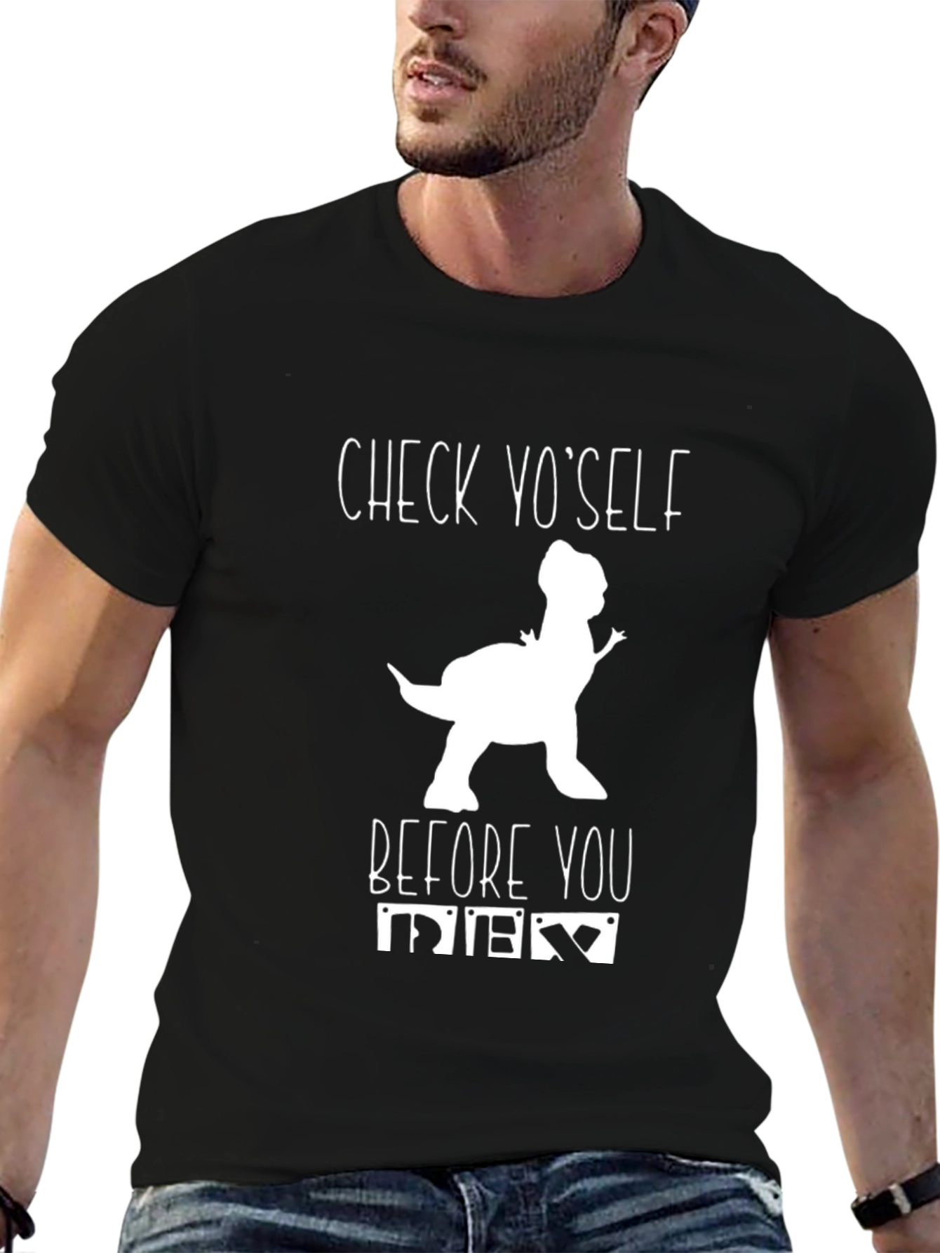 Check Yo Self Dinosaur Graphic Black T-Shirt