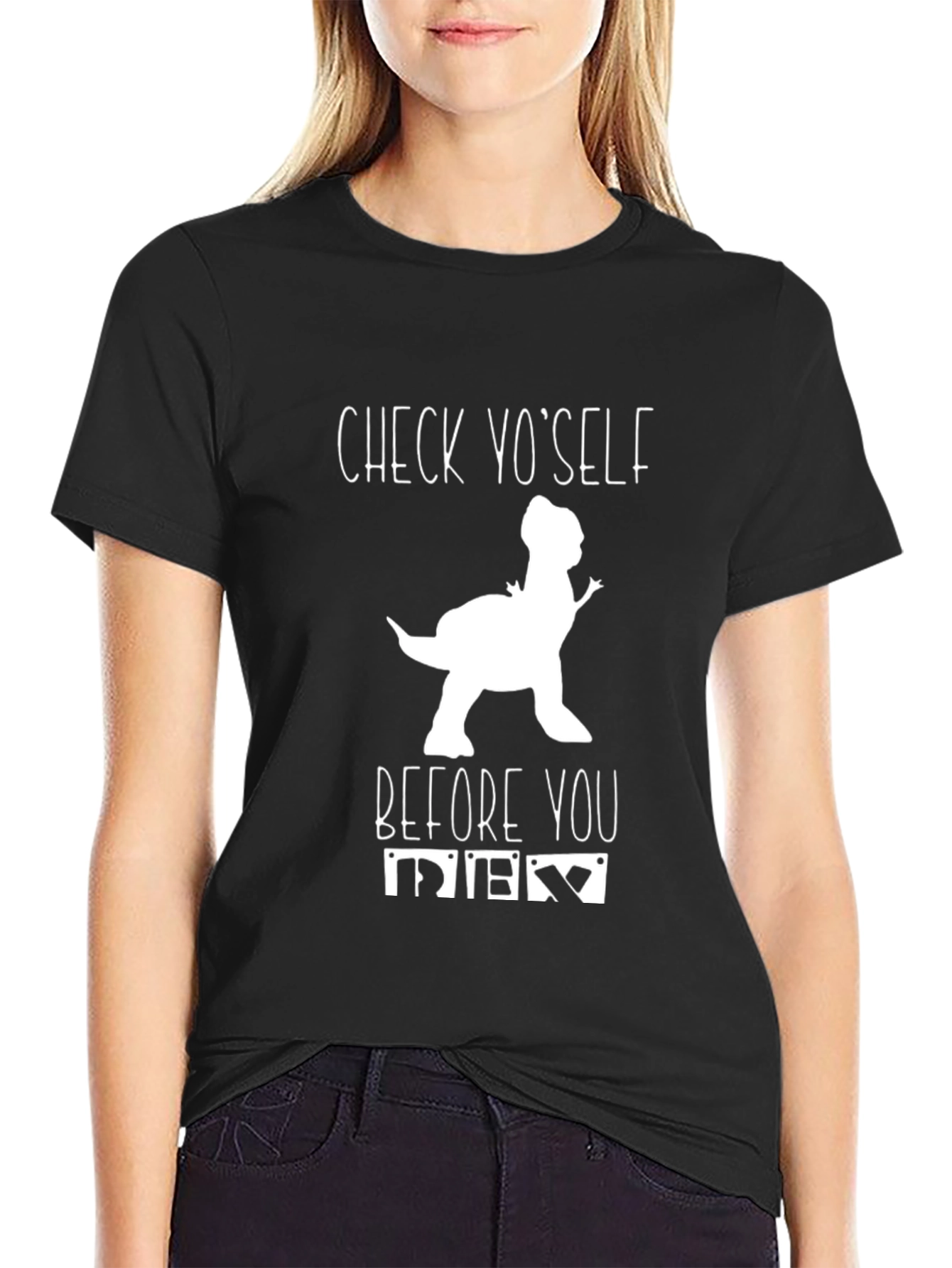 Check Yo Self Dinosaur Graphic Black T-Shirt