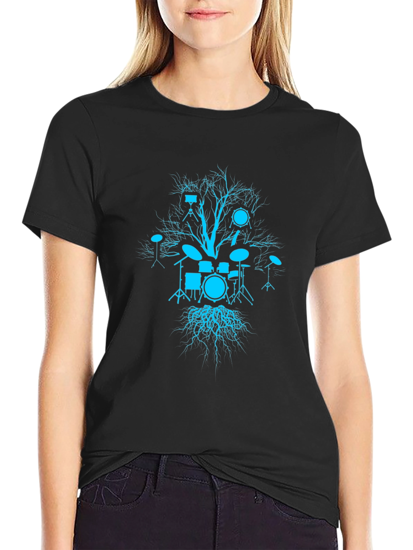 Drum Set Tree Graphic Tee - Black Cotton T-Shirt