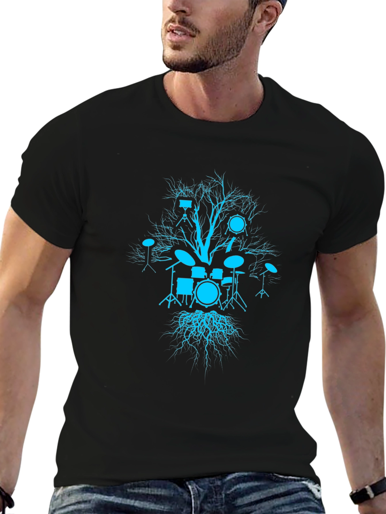 Drum Set Tree Graphic Tee - Black Cotton T-Shirt