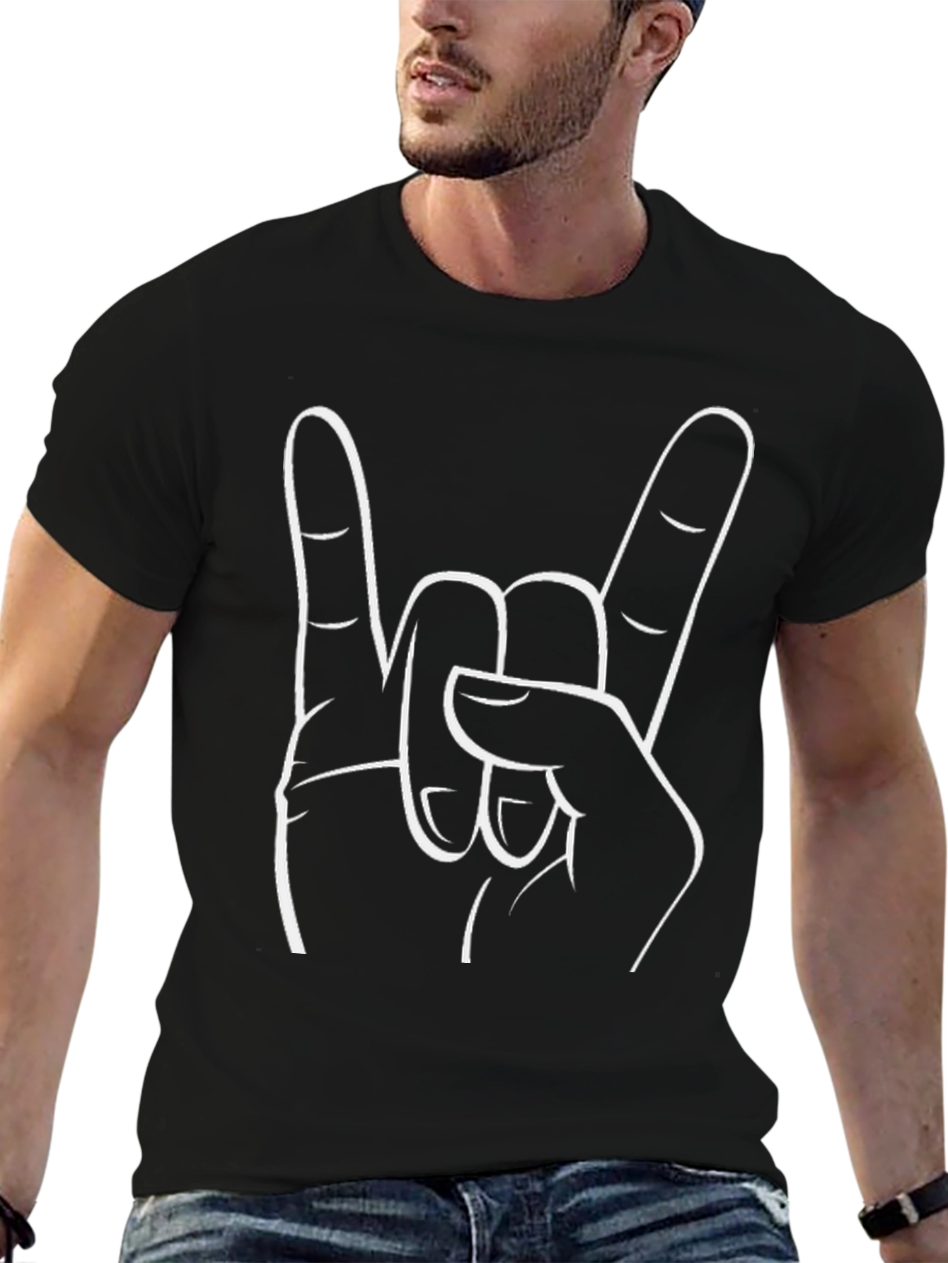 Rock On Hand Gesture Graphic Tee - Black