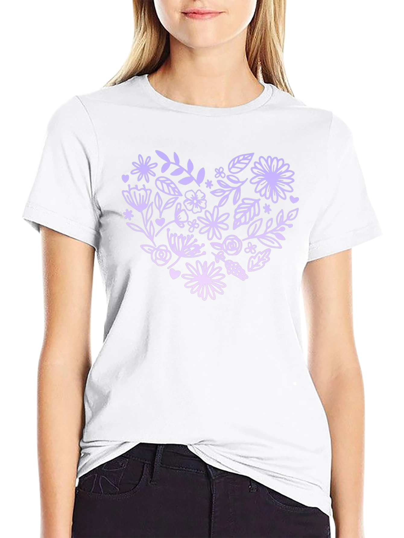 Floral Heart Graphic Tee - Black Casual T-Shirt