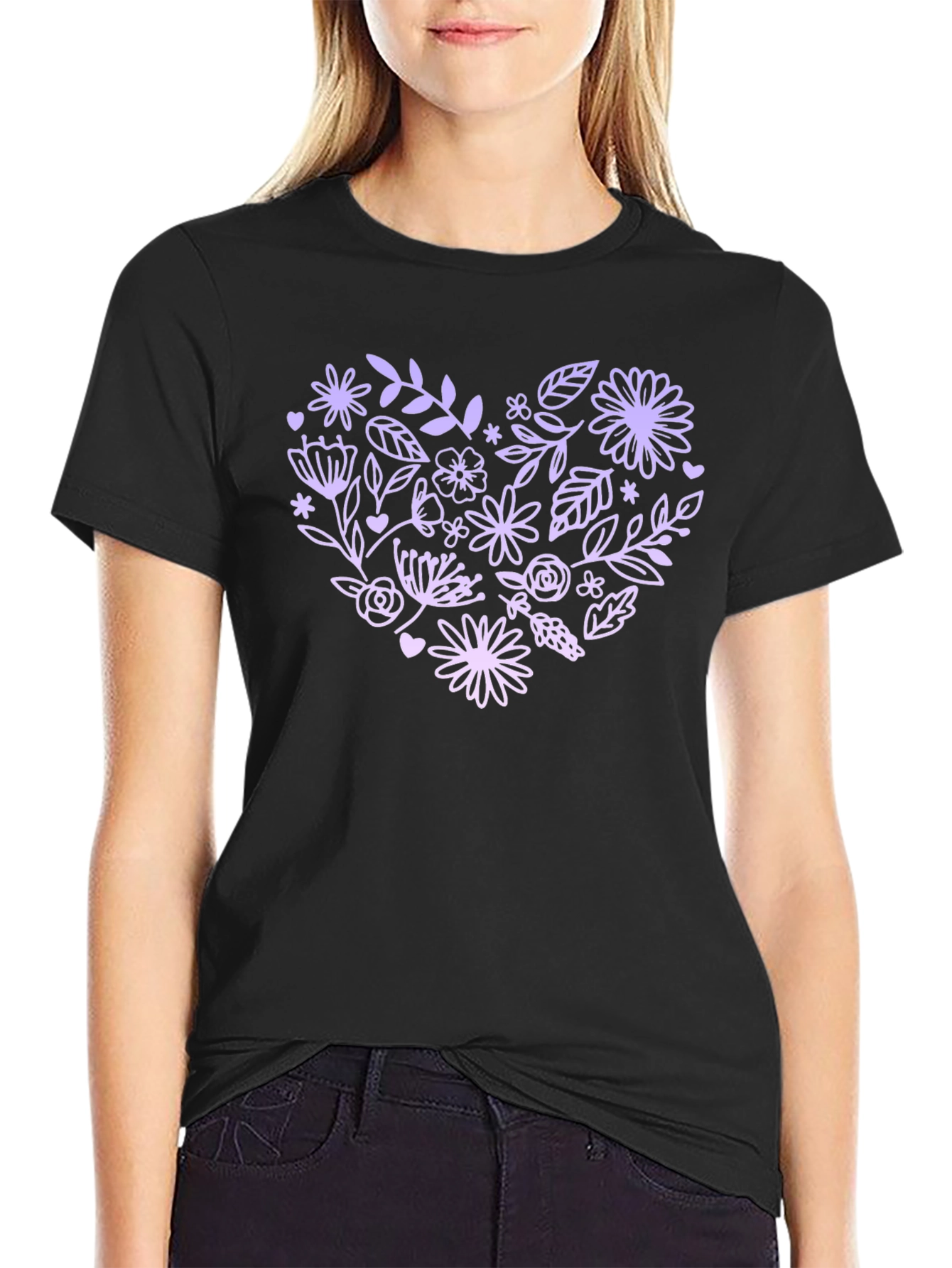 Floral Heart Graphic Tee - Black Casual T-Shirt