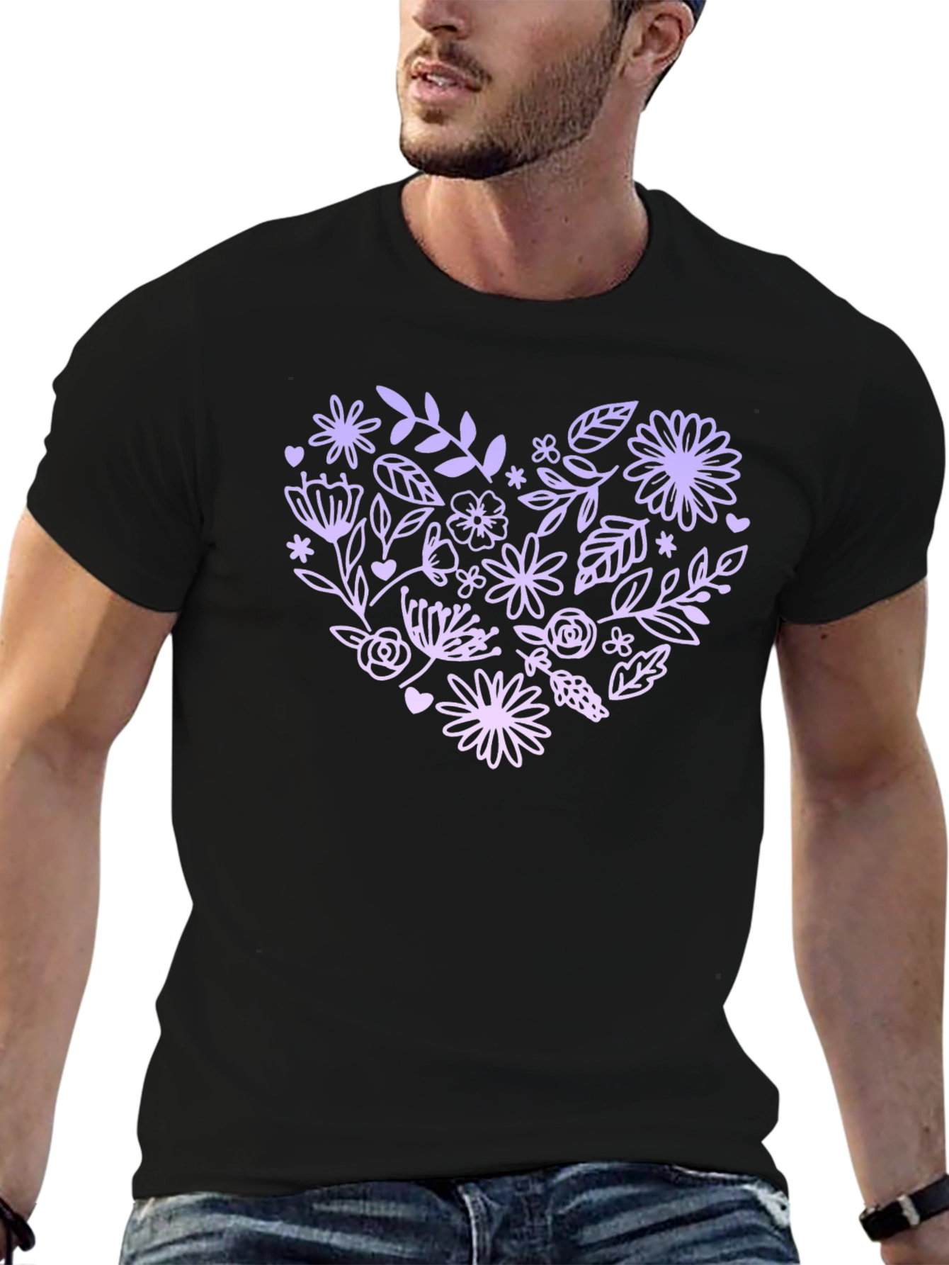 Floral Heart Graphic Tee - Black Casual T-Shirt