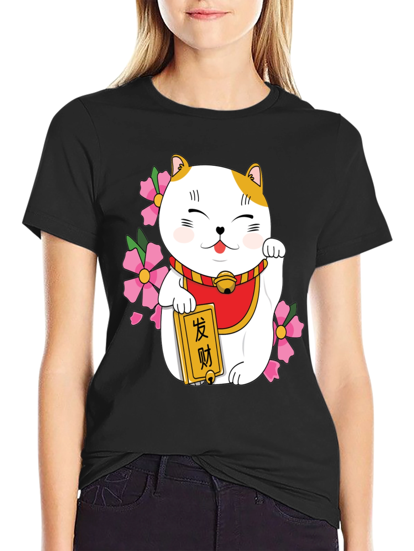 Lucky Cat Graphic Tee - Black Cotton Blend