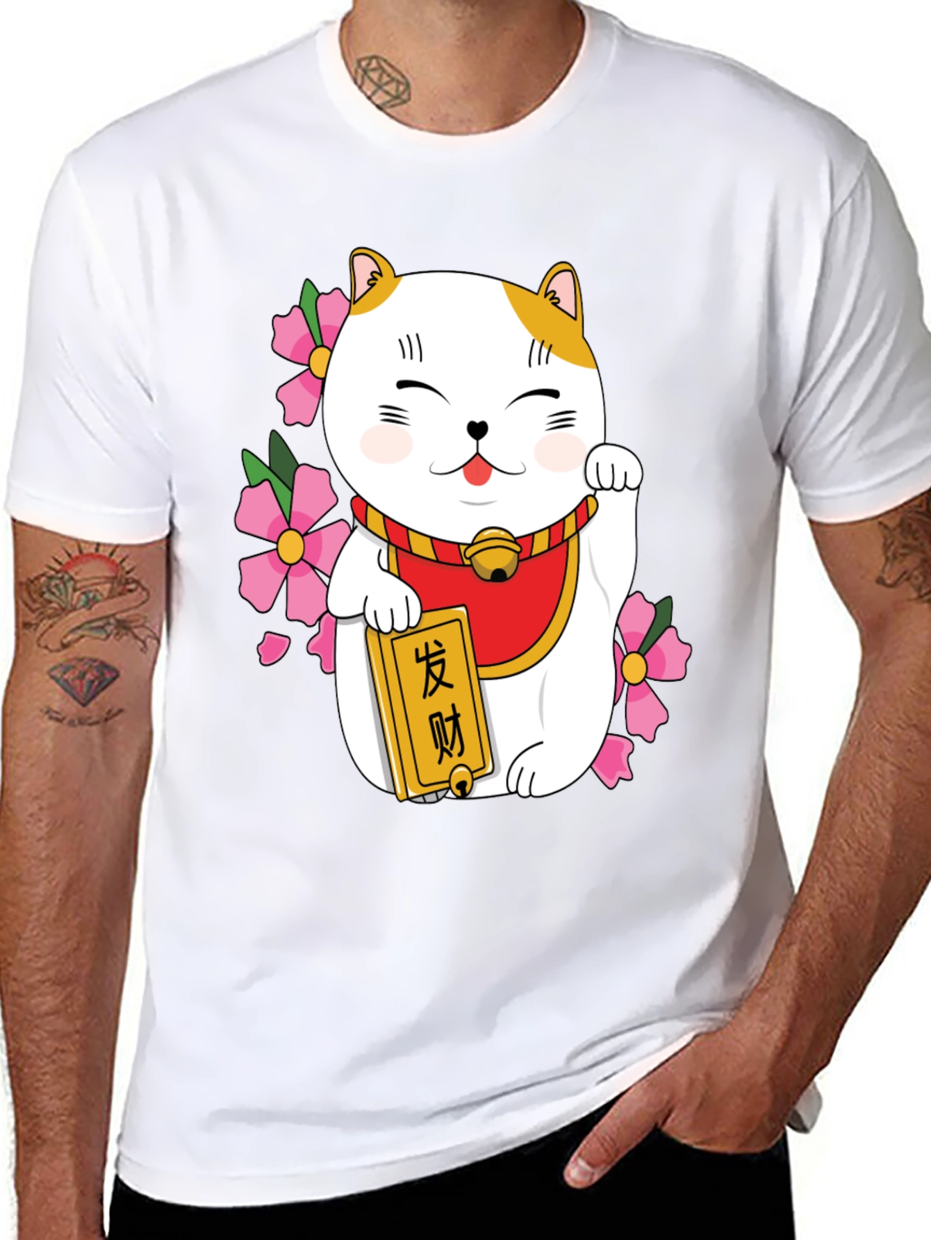 Lucky Cat Graphic Tee - Black Cotton Blend