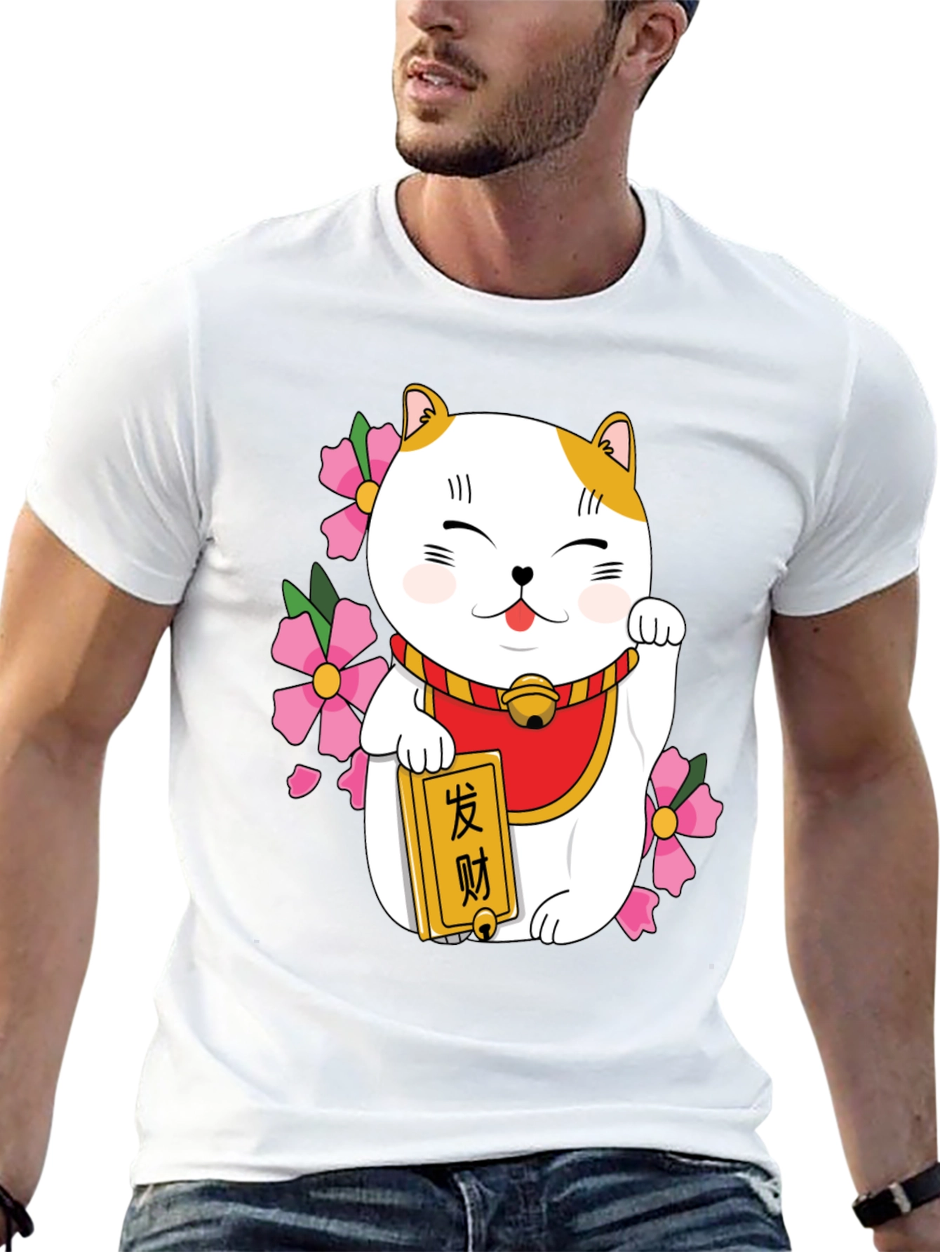 Lucky Cat Graphic Tee - Black Cotton Blend