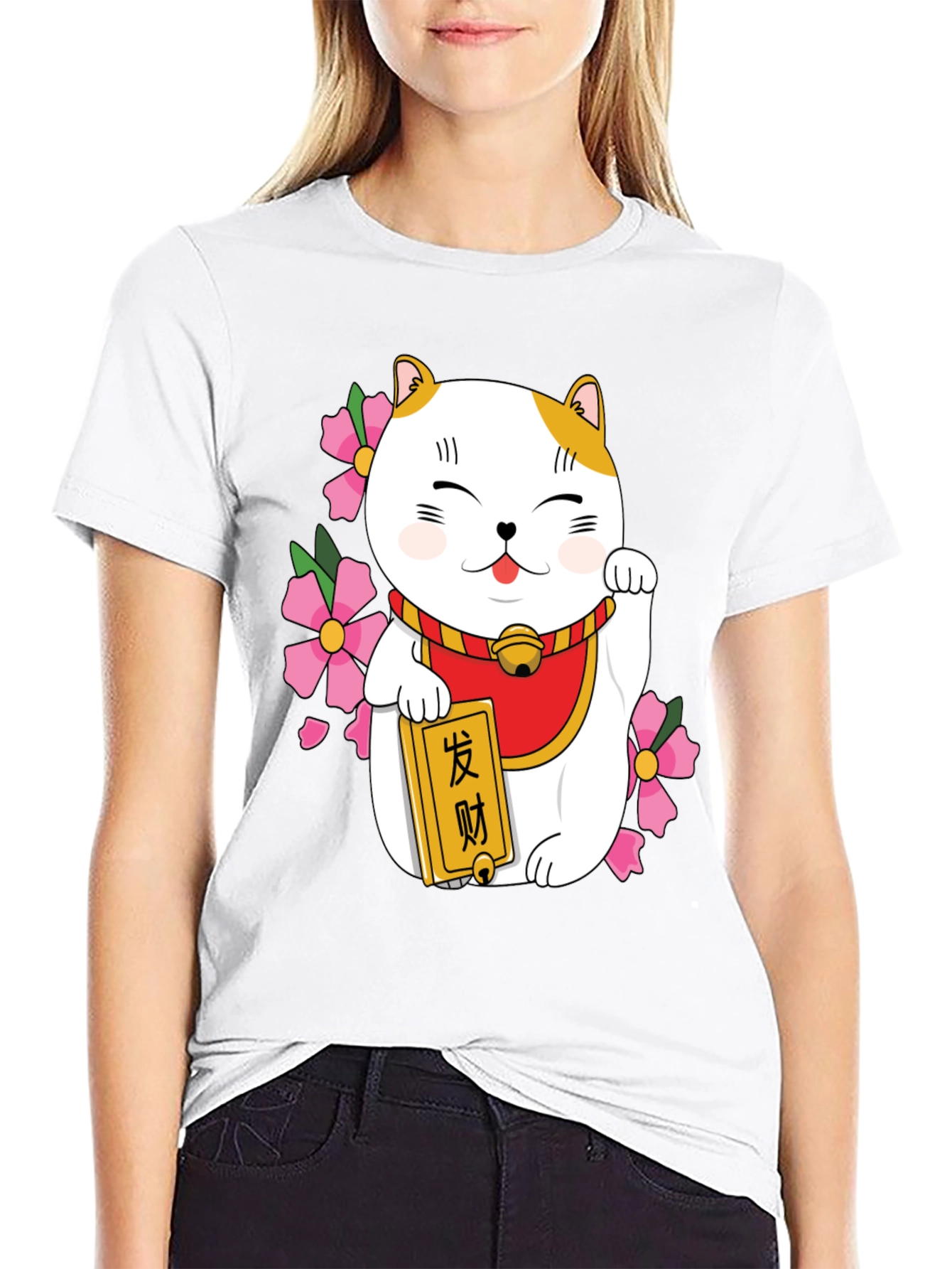 Lucky Cat Graphic Tee - Black Cotton Blend