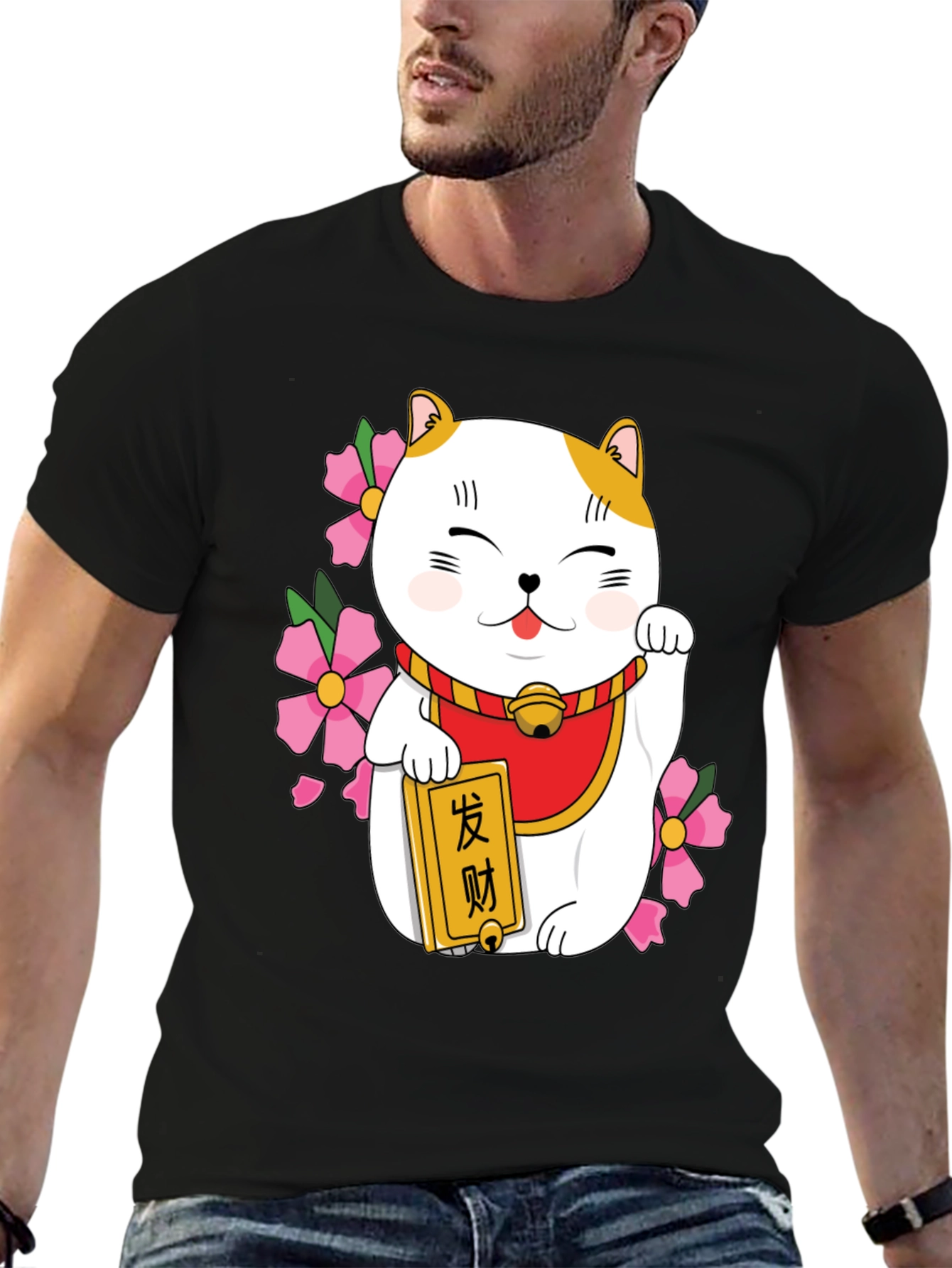 Lucky Cat Graphic Tee - Black Cotton Blend