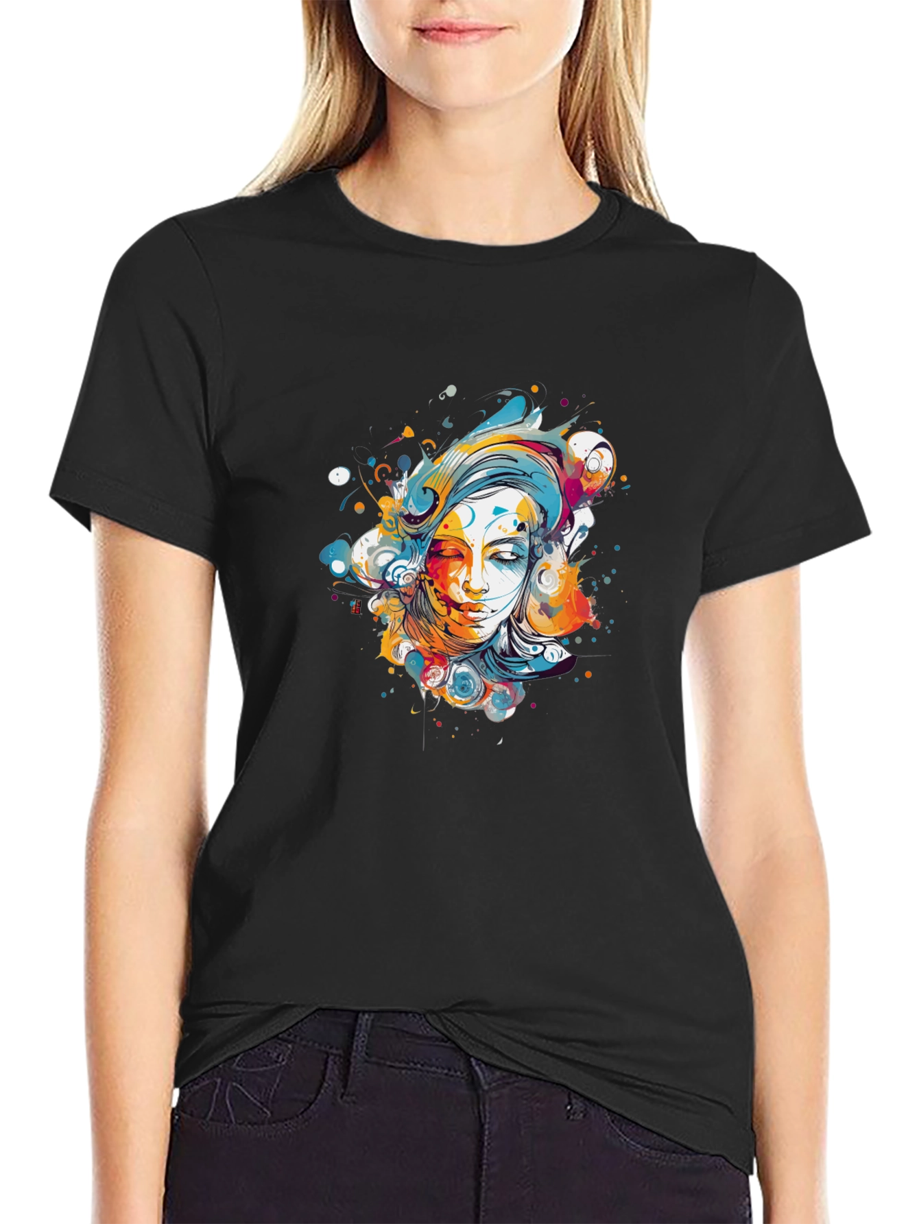 Abstract Woman Graphic Tee - Black Cotton Blend