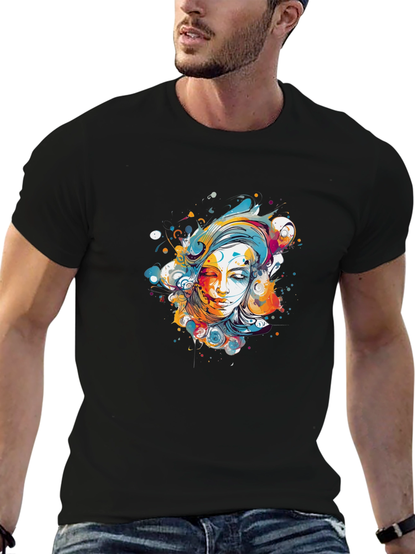 Abstract Woman Graphic Tee - Black Cotton Blend