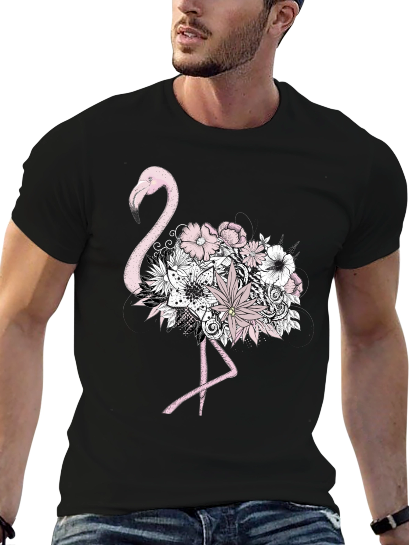 Floral Flamingo Graphic Tee - Mens Black T-Shirt