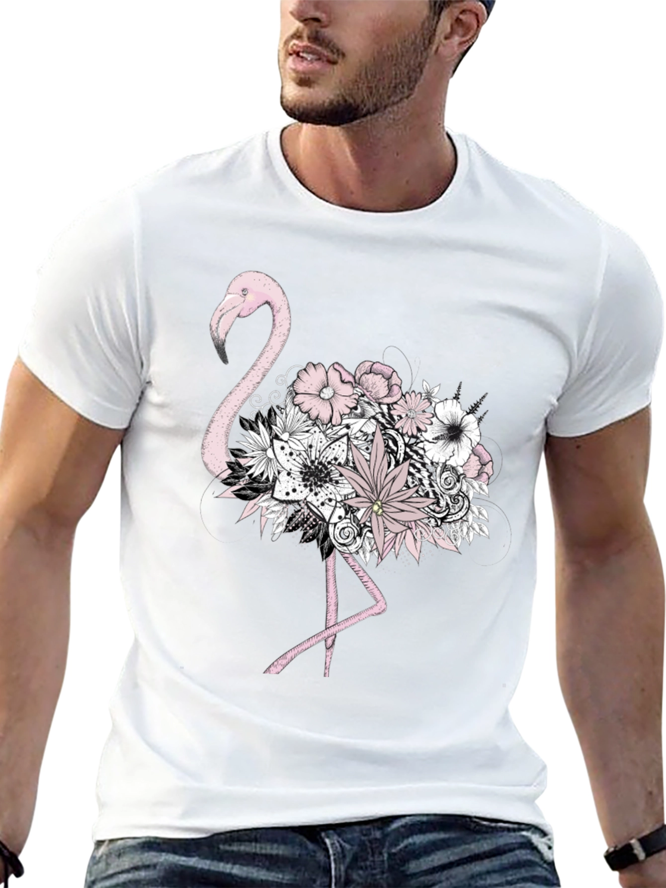 Floral Flamingo Graphic Tee - Mens Black T-Shirt