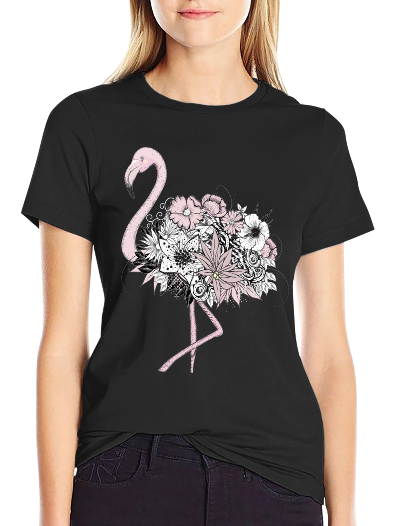 Floral Flamingo Graphic Tee - Mens Black T-Shirt