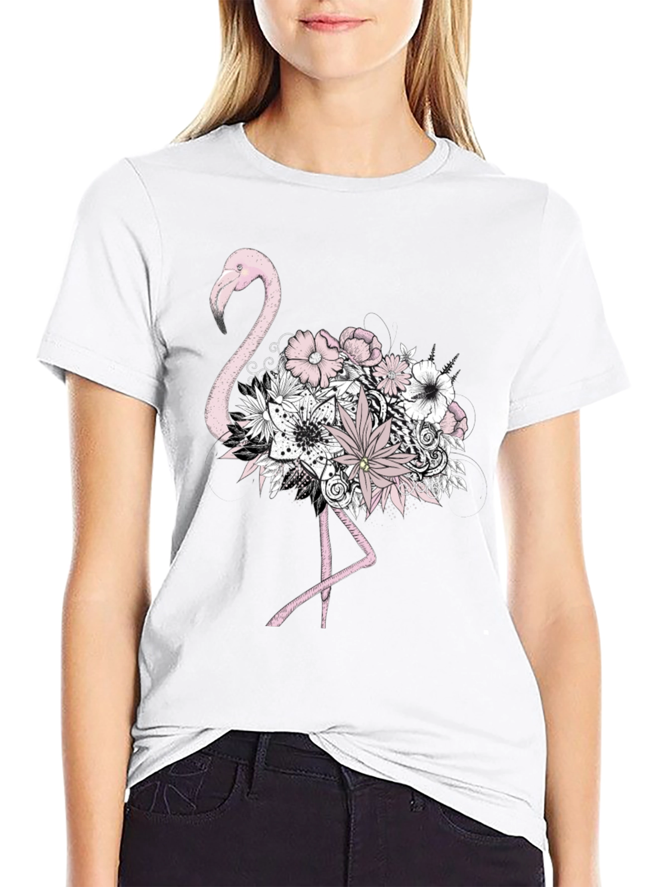 Floral Flamingo Graphic Tee - Mens Black T-Shirt