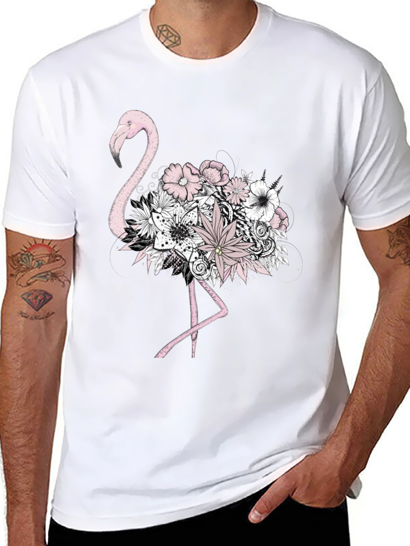 Floral Flamingo Graphic Tee - Mens Black T-Shirt