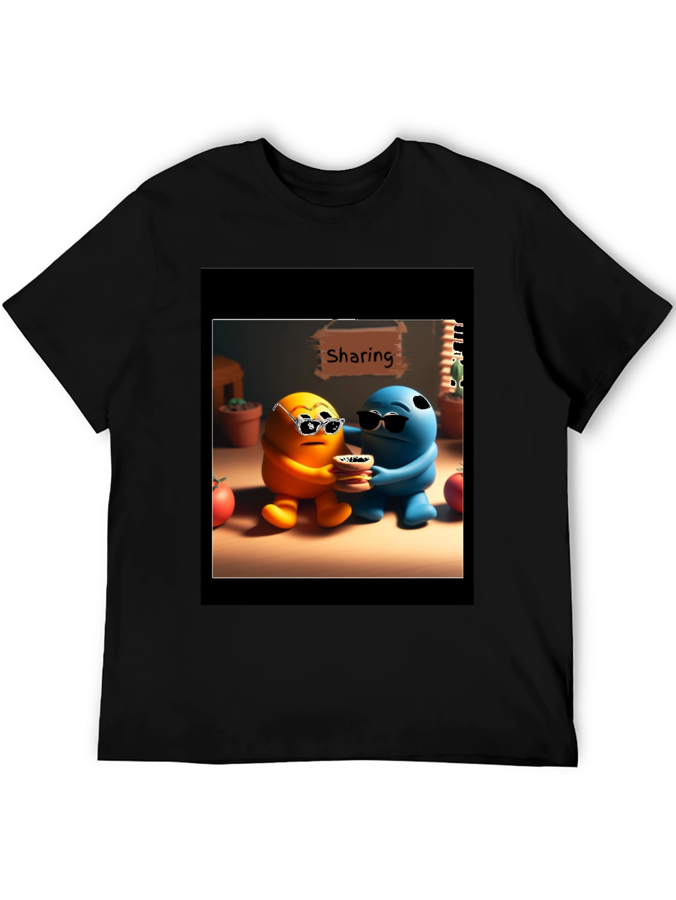 Sharing Cartoon Character Graphic Tee - Black