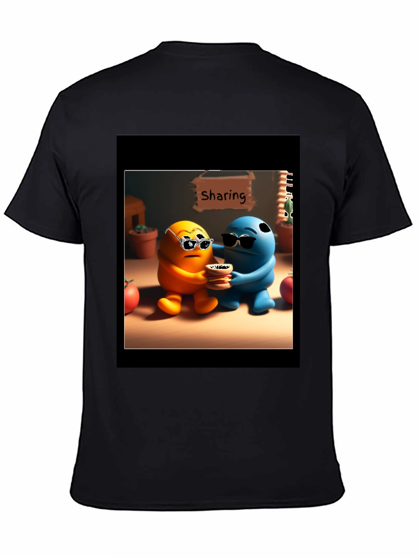 Sharing Cartoon Character Graphic Tee - Black