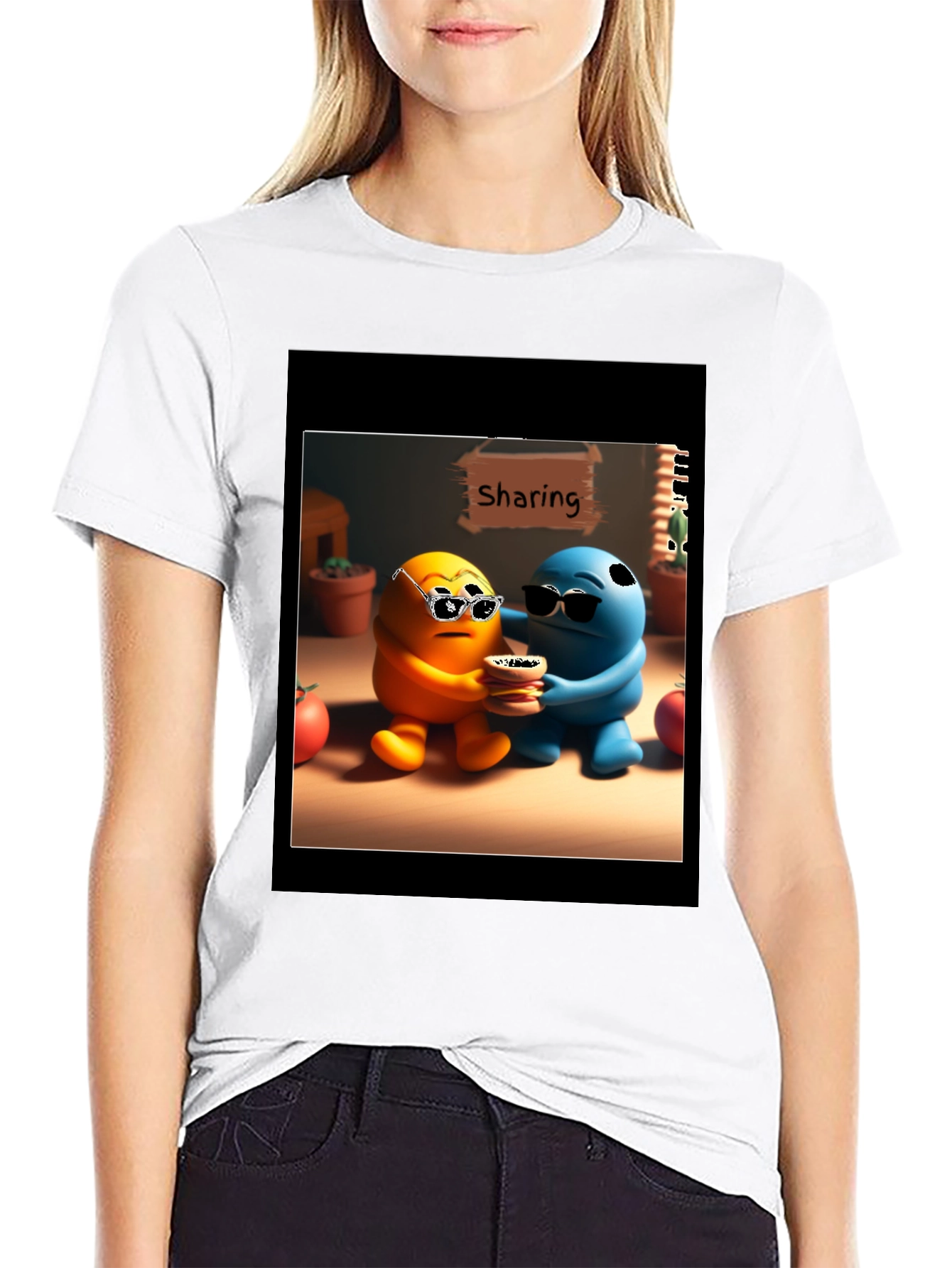 Sharing Cartoon Character Graphic Tee - Black