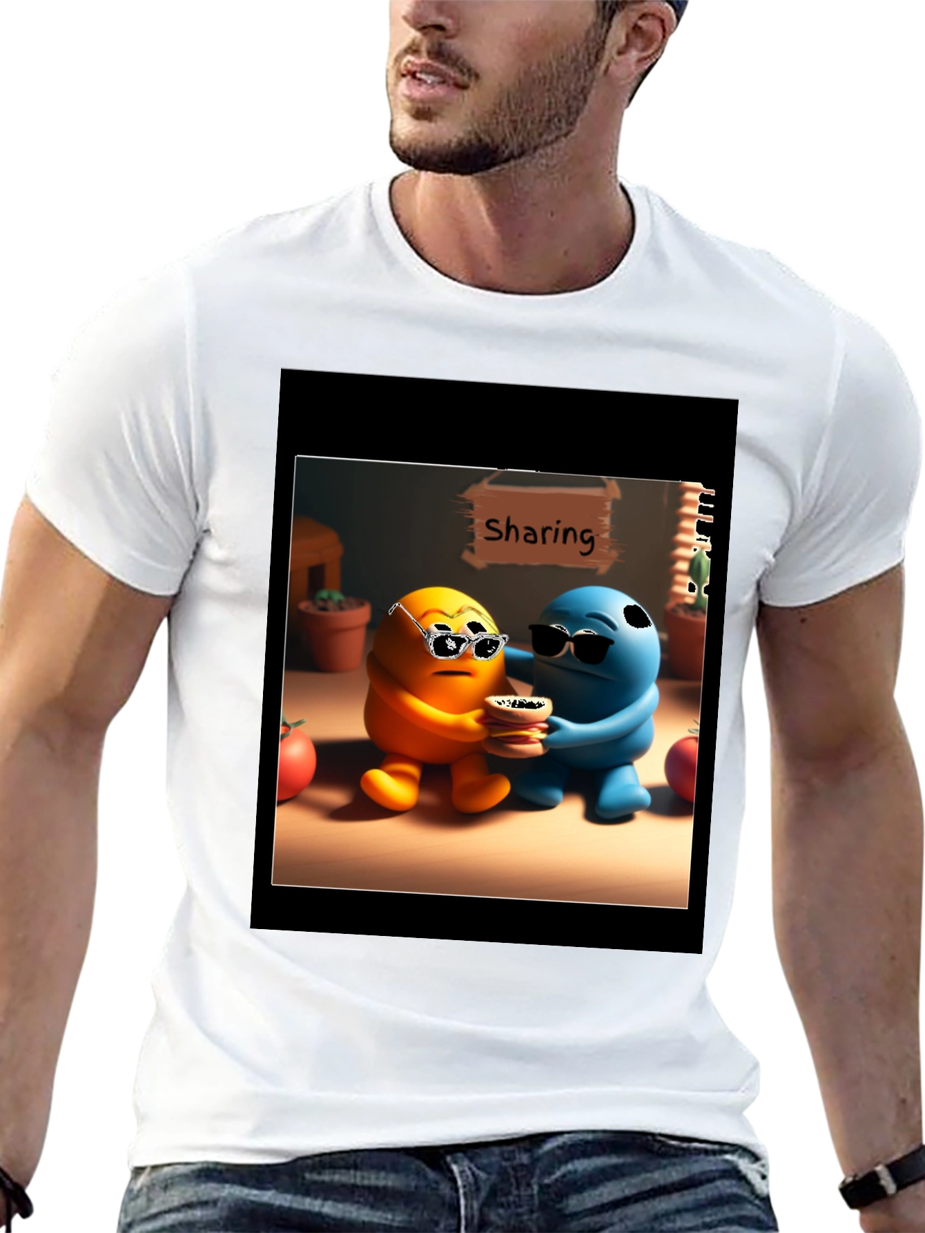 Sharing Cartoon Character Graphic Tee - Black