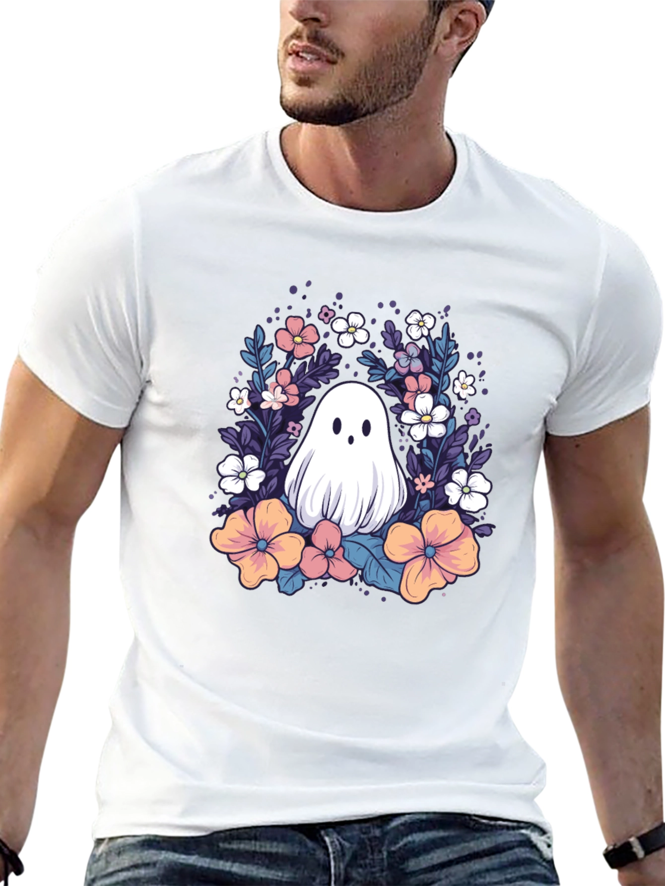 Floral Ghost Graphic Tee - Cute Halloween Shirt
