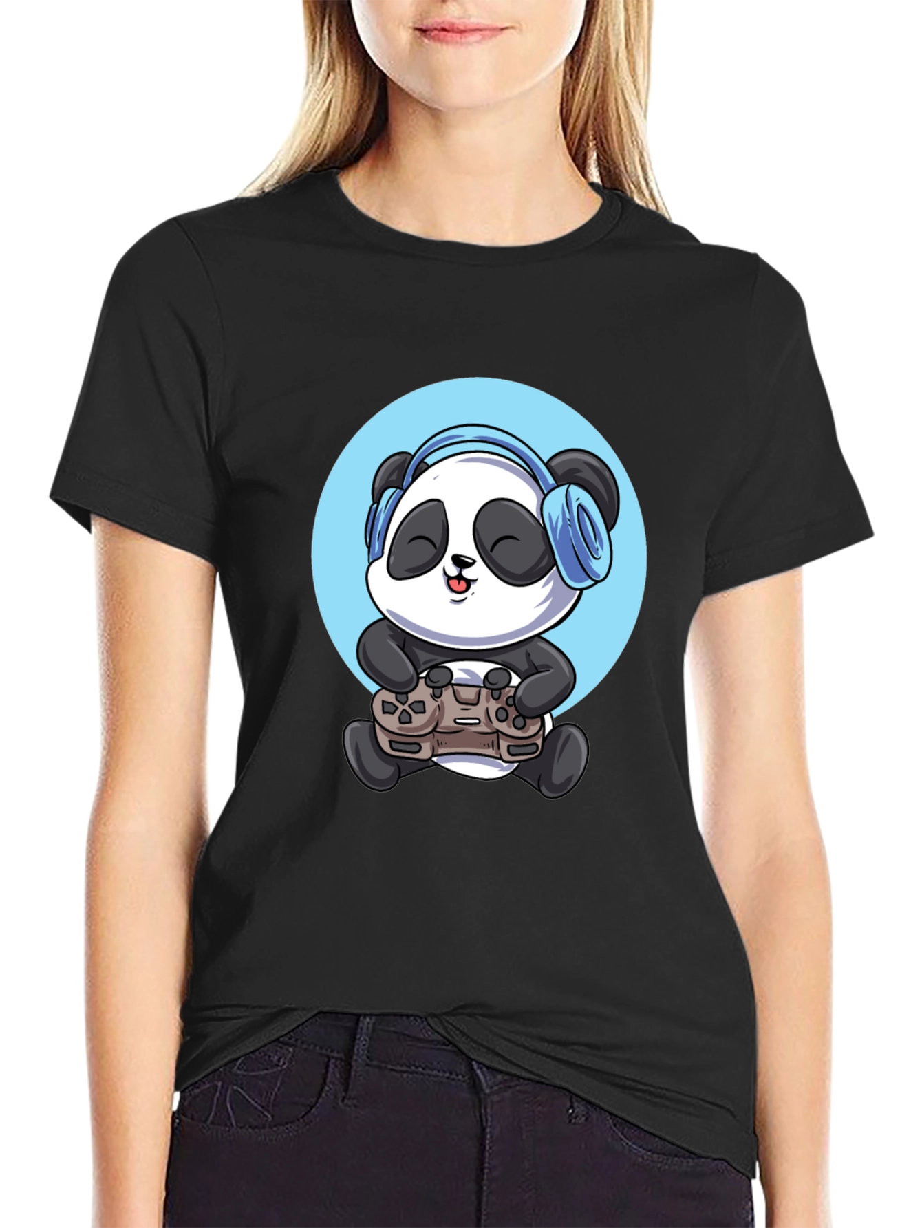 Gamer Panda Graphic Tee - Black Cotton T-Shirt