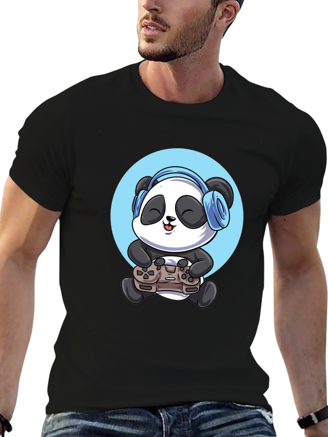 Gamer Panda Graphic Tee - Black Cotton T-Shirt