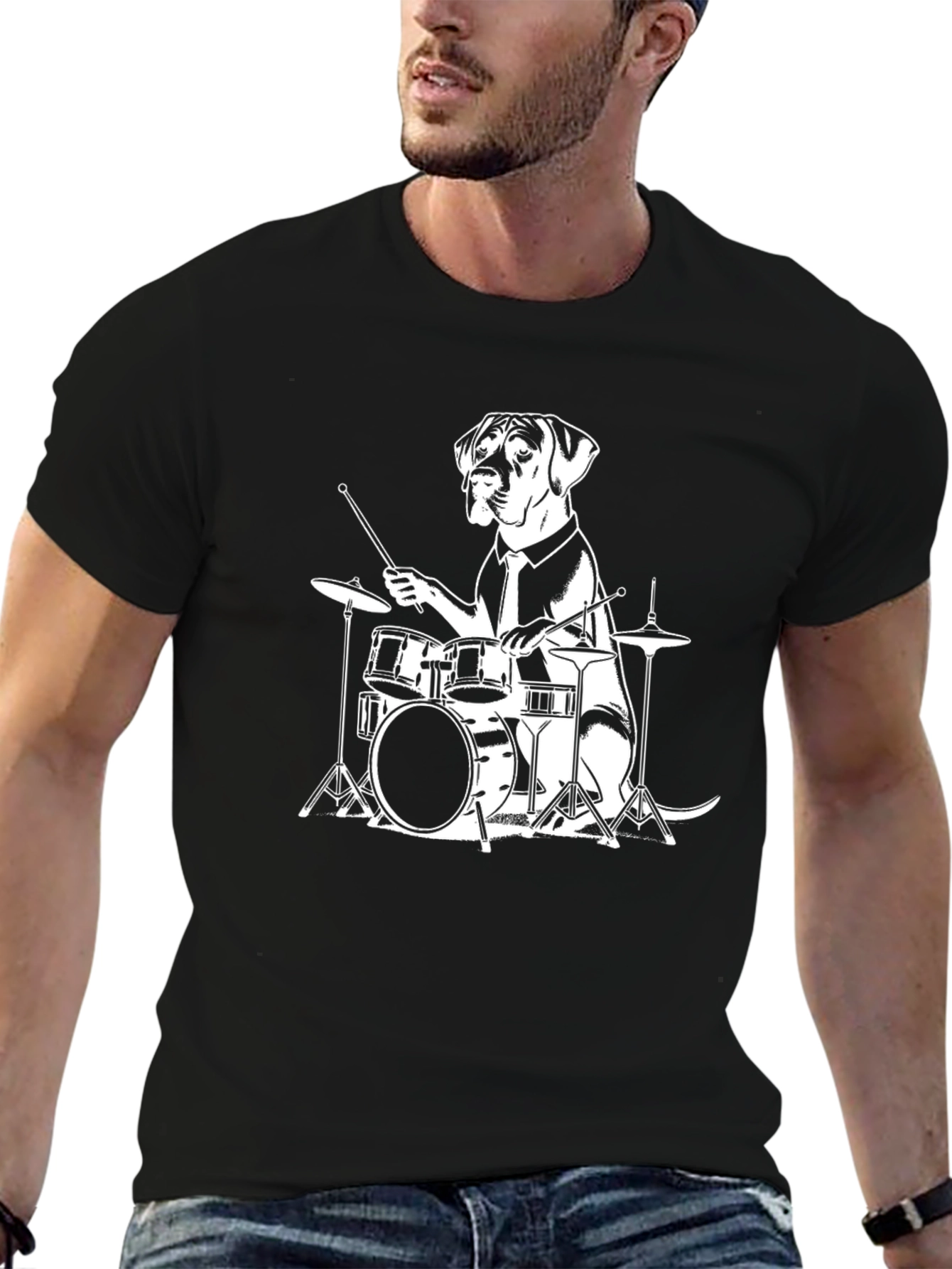 Dog Drummer Graphic Tee - Black Cotton T-Shirt