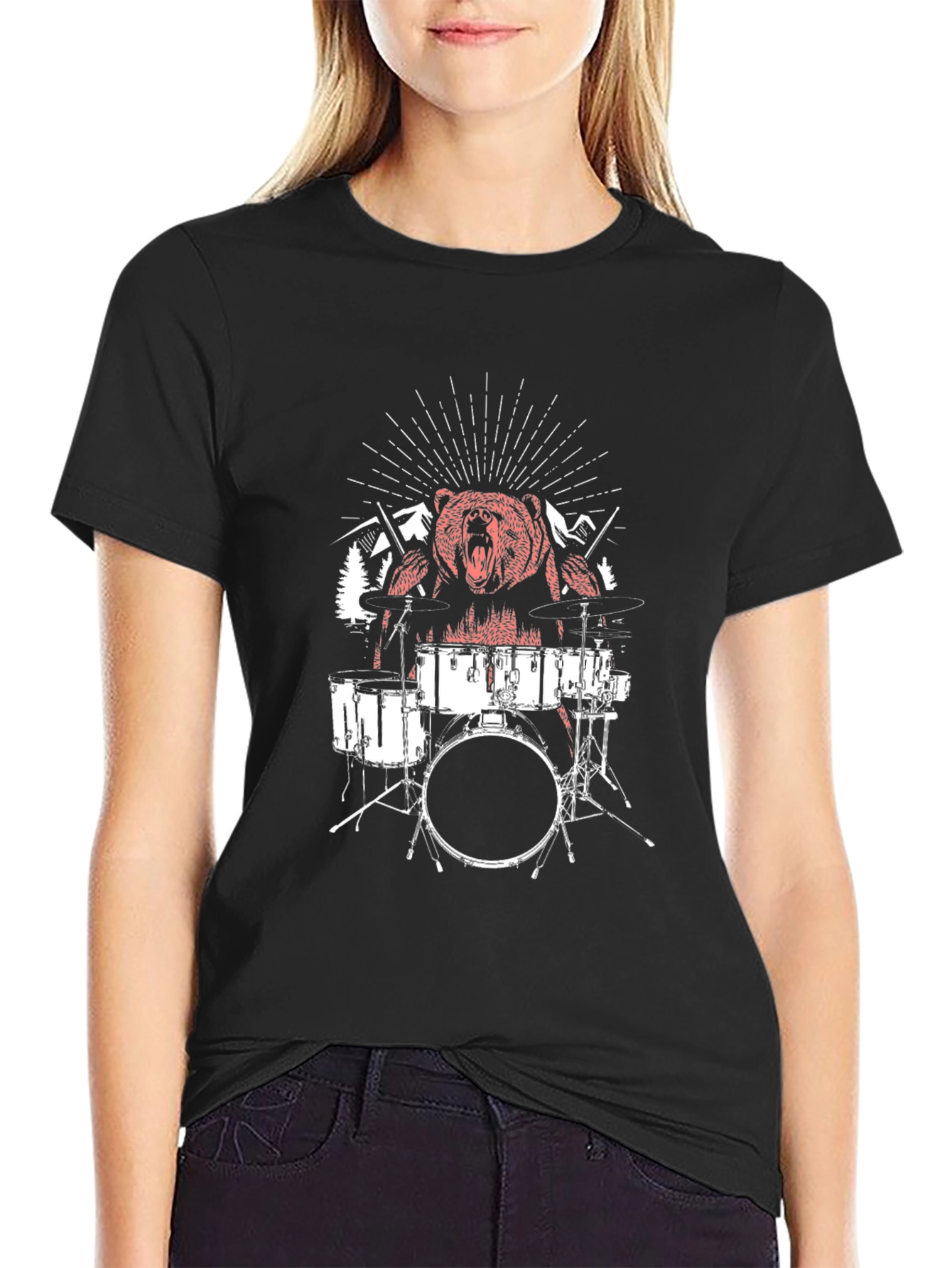 Bear Drummer Graphic T-Shirt - Black