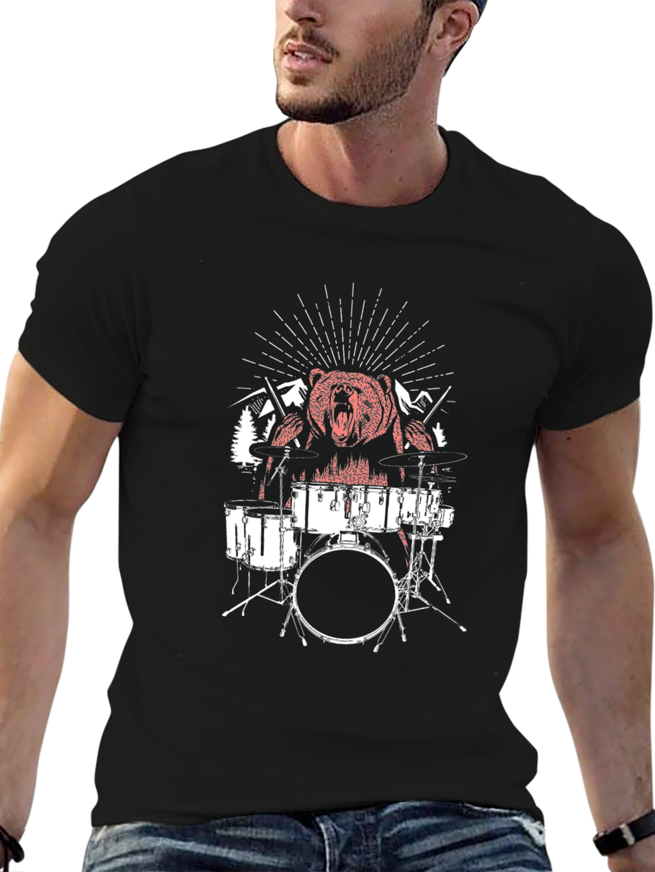 Bear Drummer Graphic T-Shirt - Black