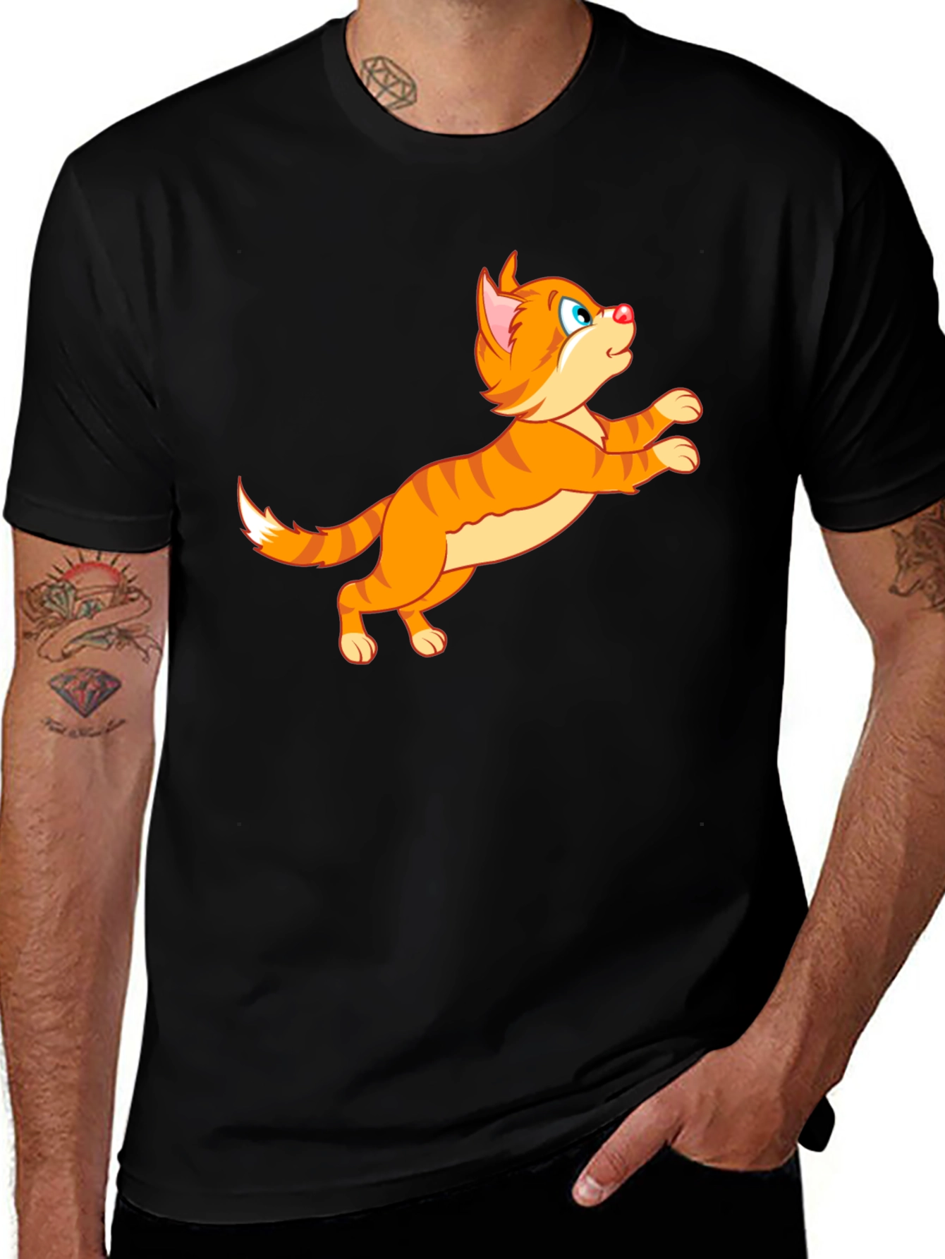 Cartoon Cat Graphic Tee - Playful Black T-Shirt