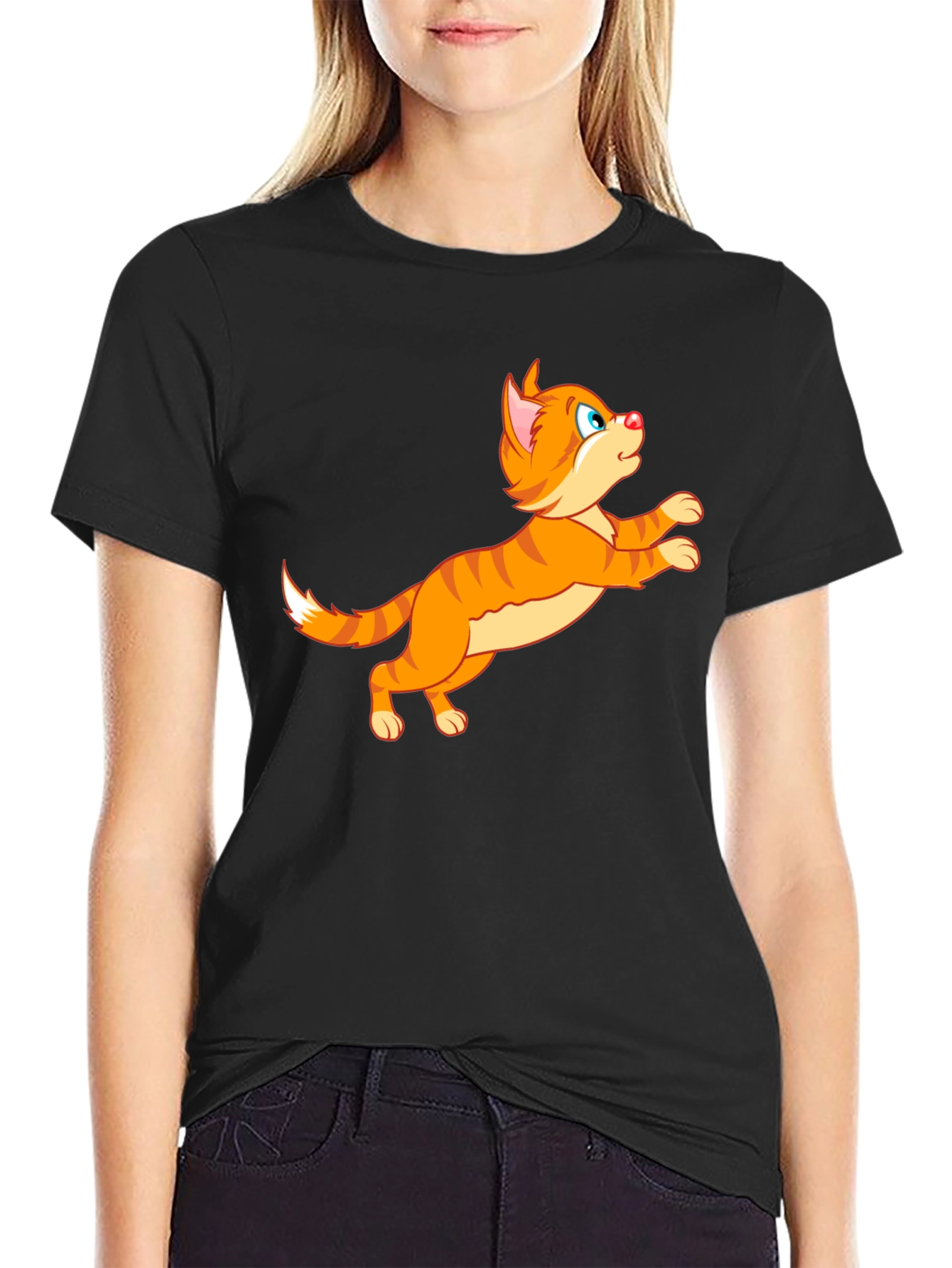 Cartoon Cat Graphic Tee - Playful Black T-Shirt