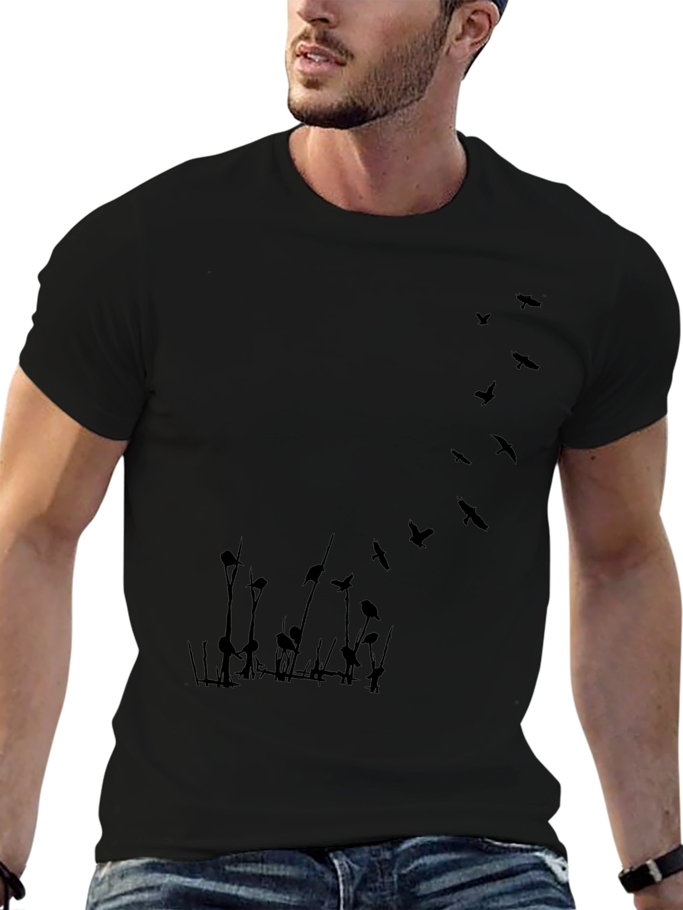 Mens Black T-Shirt with Bird Graphic
