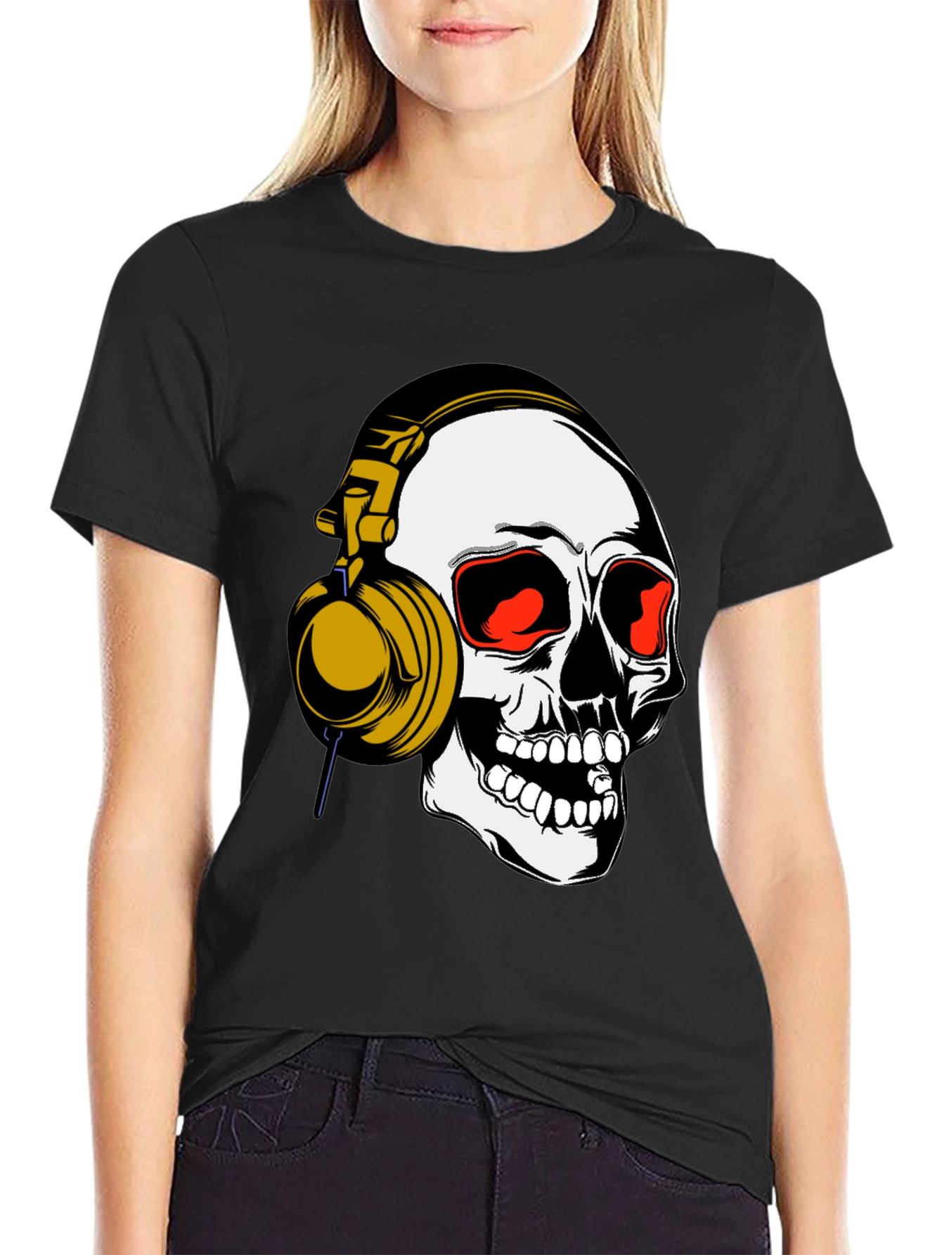 Skull Headphones Graphic Tee - Black Cotton Blend