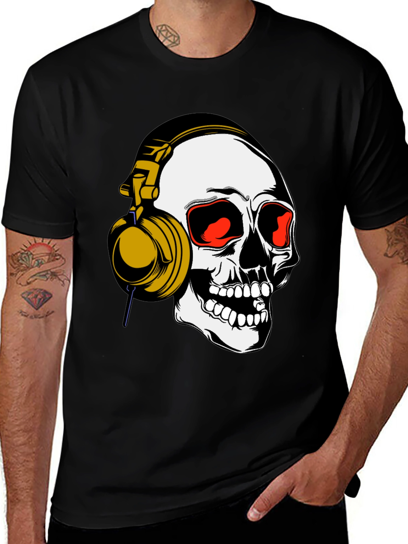 Skull Headphones Graphic Tee - Black Cotton Blend