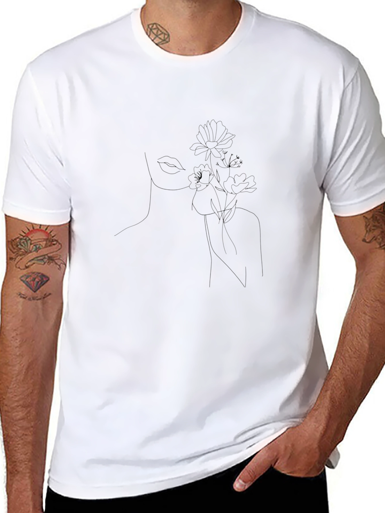 Minimalist Floral Line Art Black T-Shirt