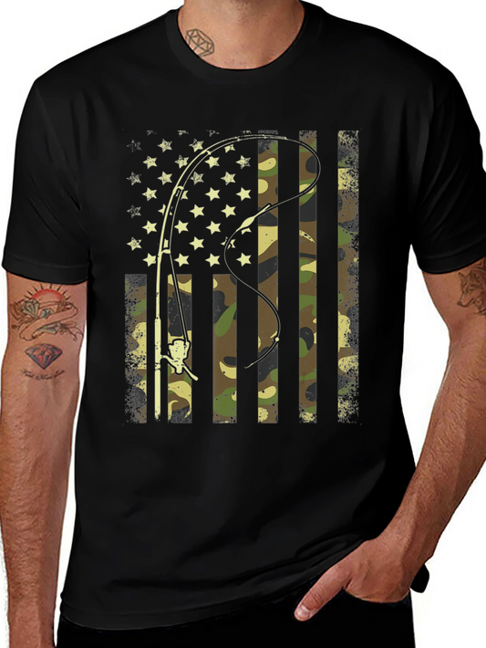 Fishing Rod American Flag Camo T-Shirt