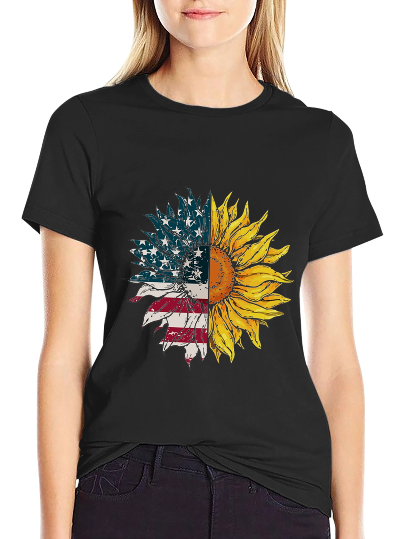 American Flag Sunflower Graphic Tee - Black