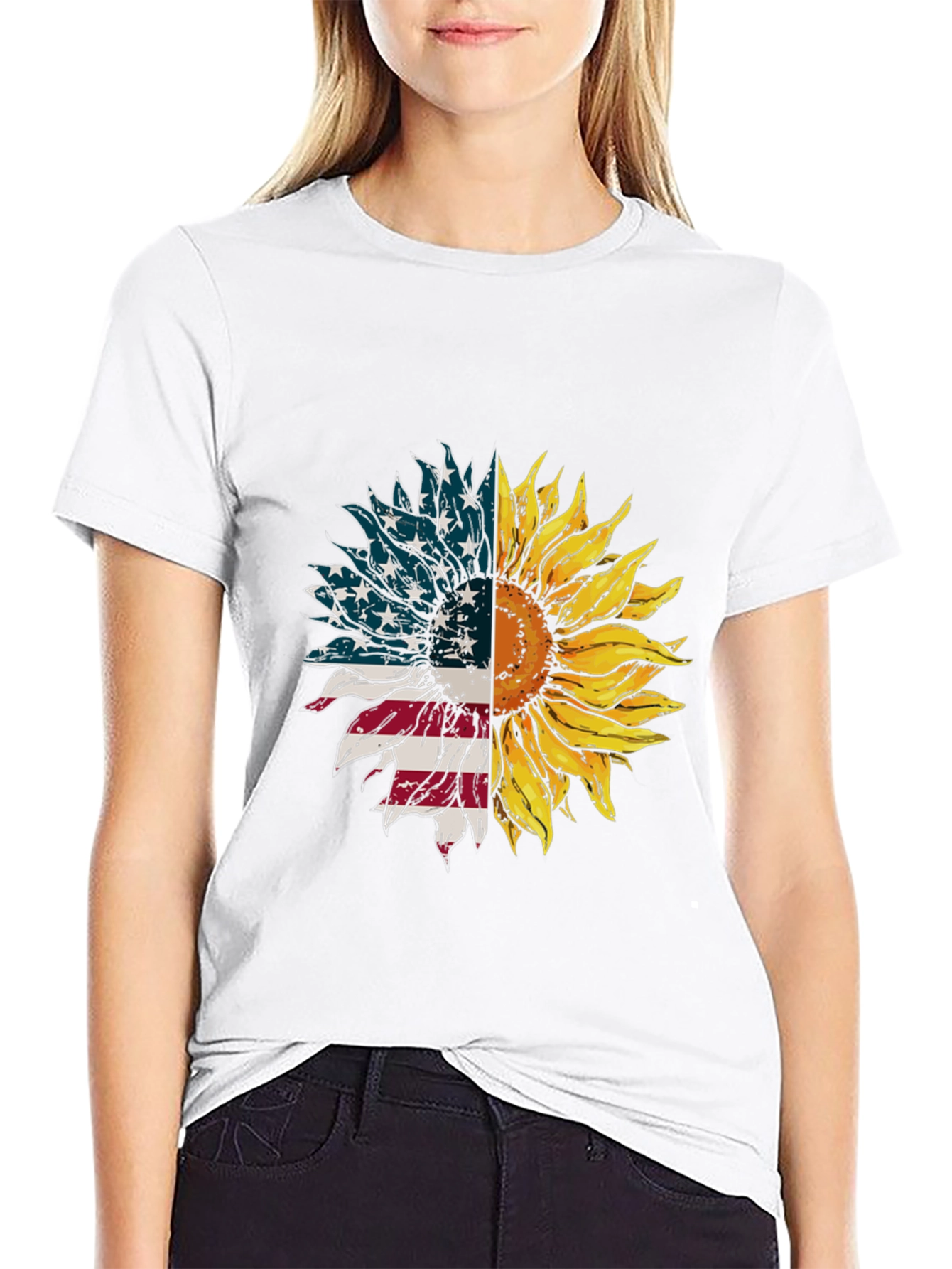 American Flag Sunflower Graphic Tee - Black