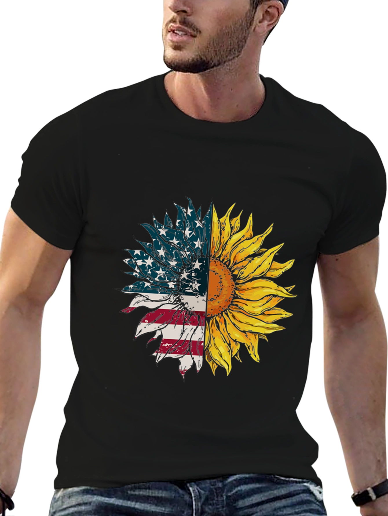 American Flag Sunflower Graphic Tee - Black
