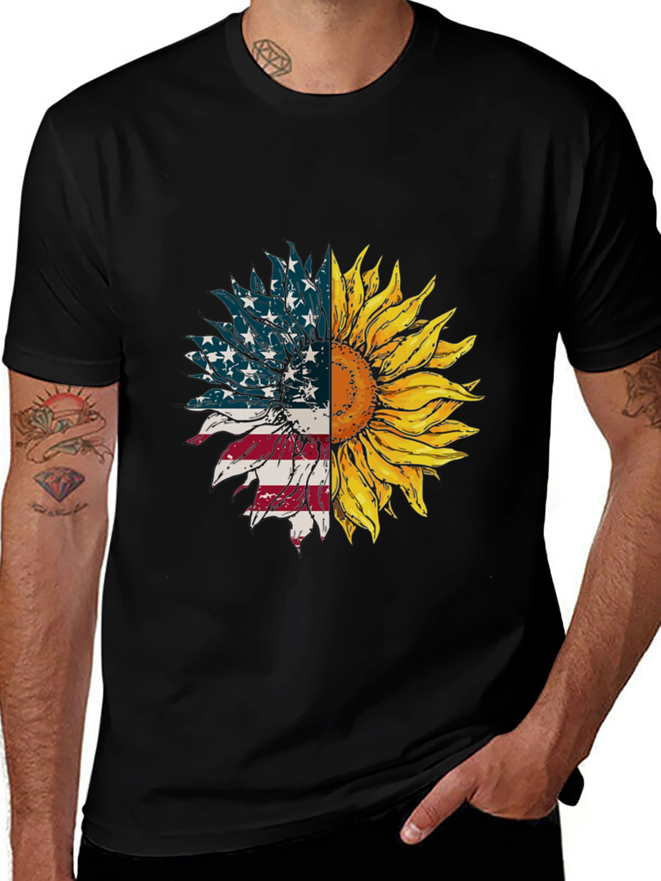 American Flag Sunflower Graphic Tee - Black